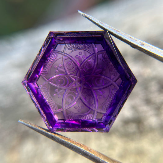 32.5ct Fantasy Cut Amethyst Gemstone from Goboboseb, Namibia