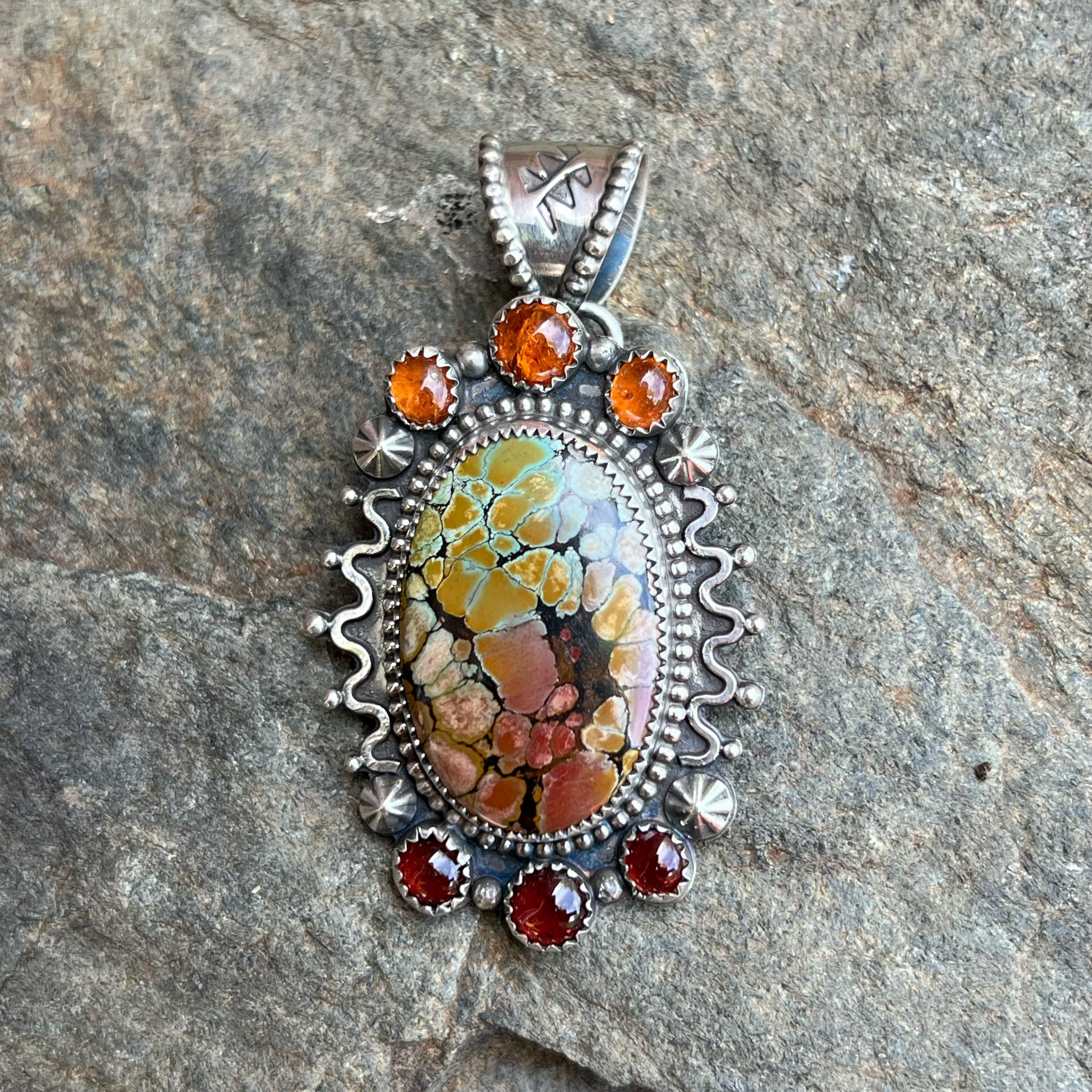 Polychrome Hubei Turquoise with Garnet accents Silver Pendant