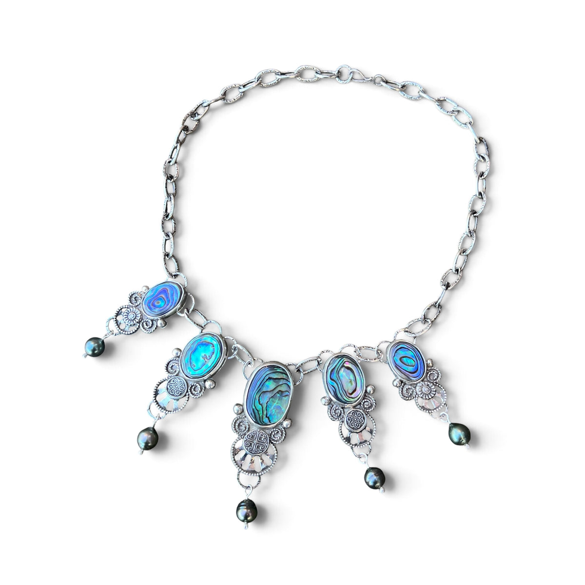“The Empress of Tides” Abalone and Tahitian Pearl Necklace in Sterling Silver