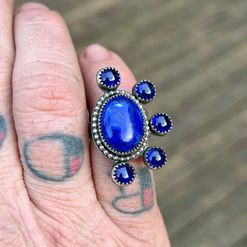 Lapis Lazuli with Blue Sapphire accents Half Cluster Adjustable Ring in Sterling Silver Median Size 8