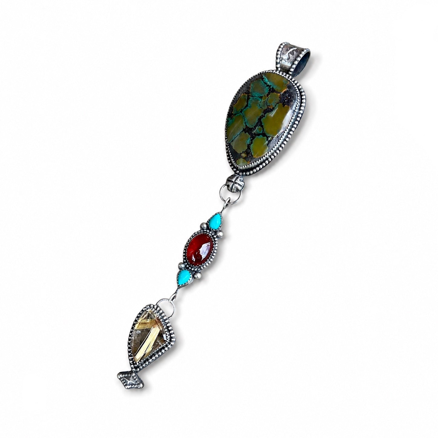 Polychrome Hubei Turquoise with Hessonite Garnet, Kingman Turquoise, & Golden Rutile in Quartz Triple Drop Silver Pendant