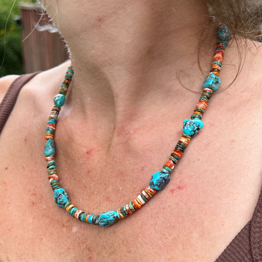 Turquoise and Spiny Oyster Beaded Necklace with Sterling Silver Clasp Jewelry