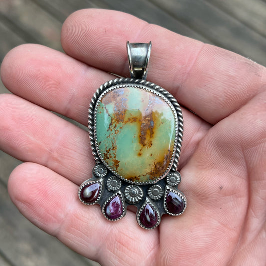 Old Hardy Pit Turquoise Cabochon from Kingman, Arizona with Purple Spiny Oyster accents in Sterling Silver Pendant Jewelry