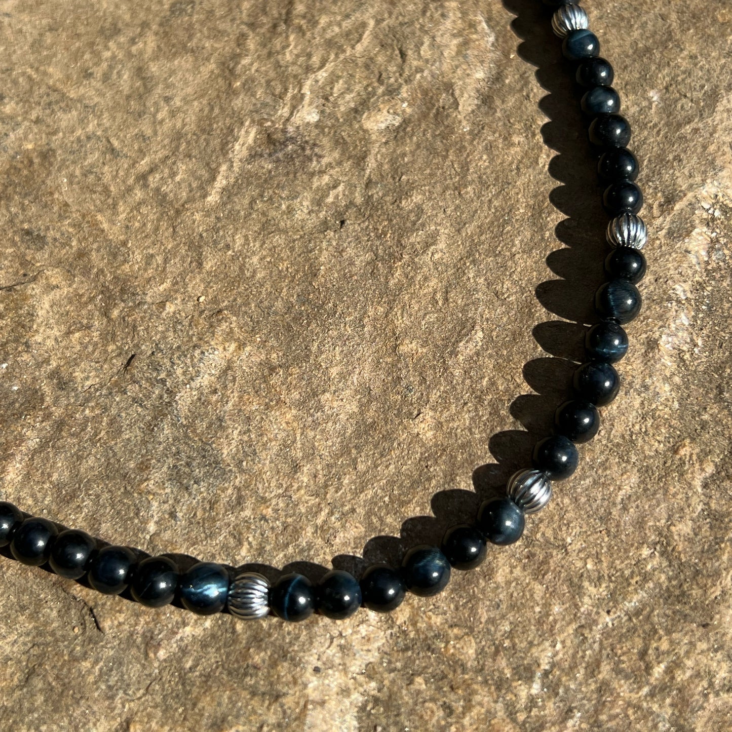 Blue Tiger Eye and Silver Beaded Necklace with Sterling Silver Clasp Jewelry