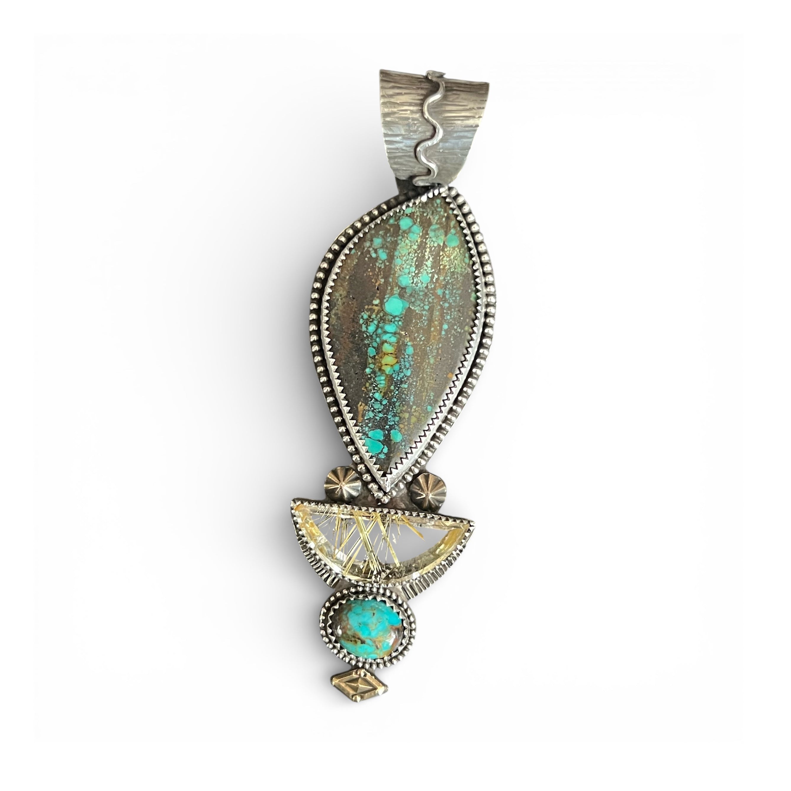 Polychrome Hubei Turquoise with Golden Rutile in Quartz in Silver with 15k Gold accents Pendant