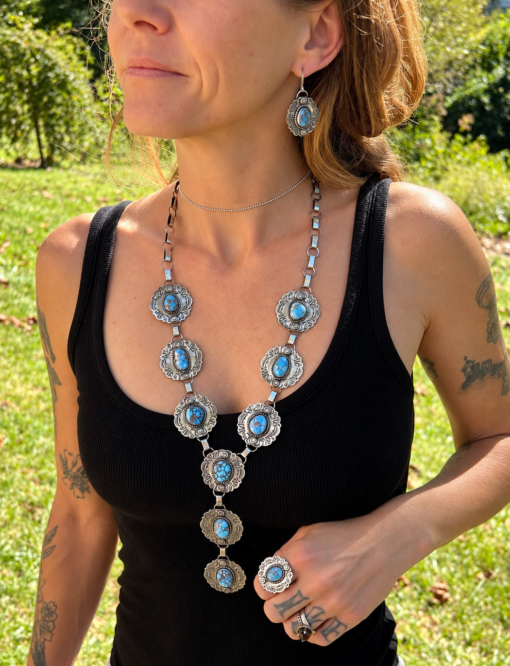 Golden Hills Turquoise Lariat Necklace with matching Earrings and Ring in Silver