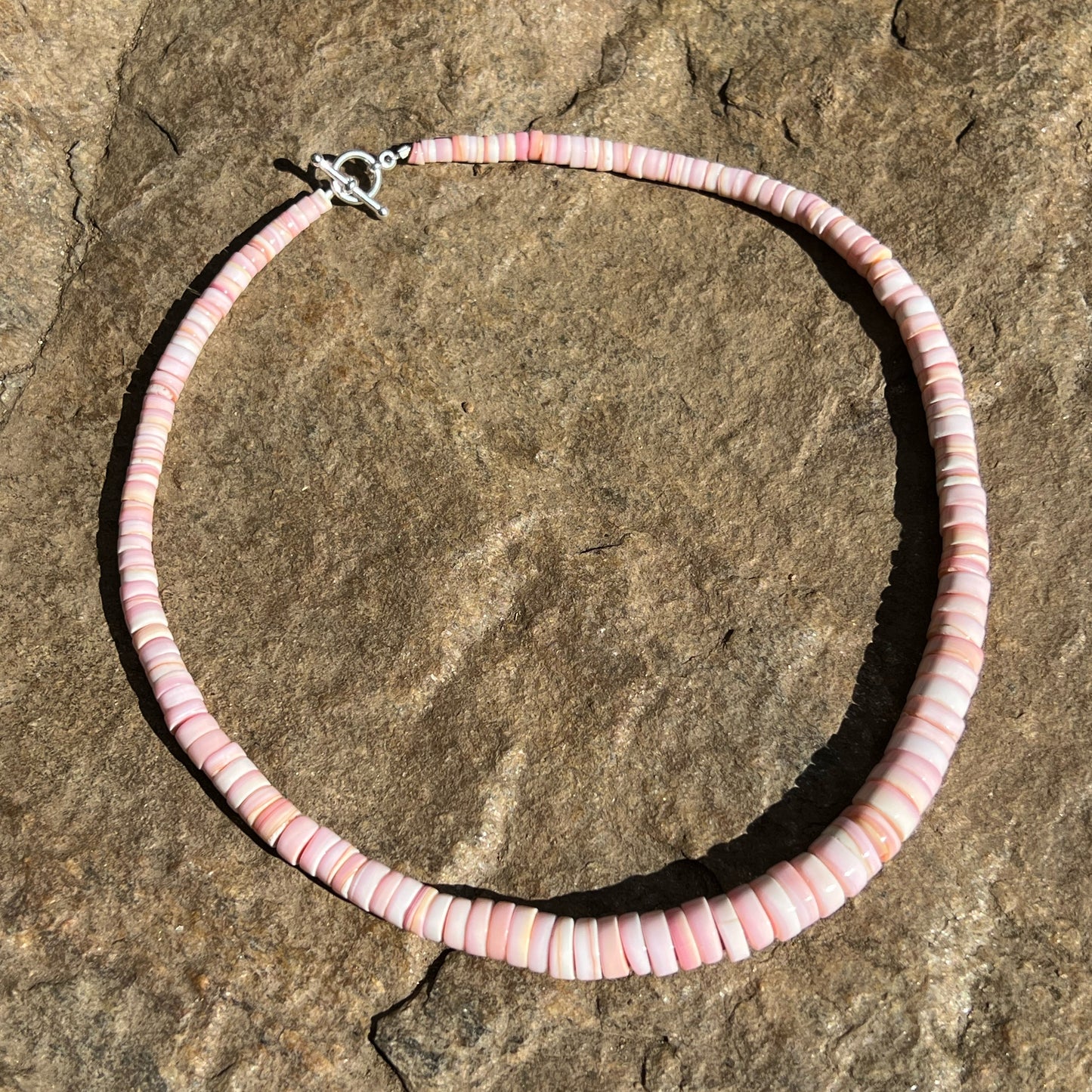 Graduated Pink Conch Beaded Necklace with Sterling Silver Clasp Jewelry