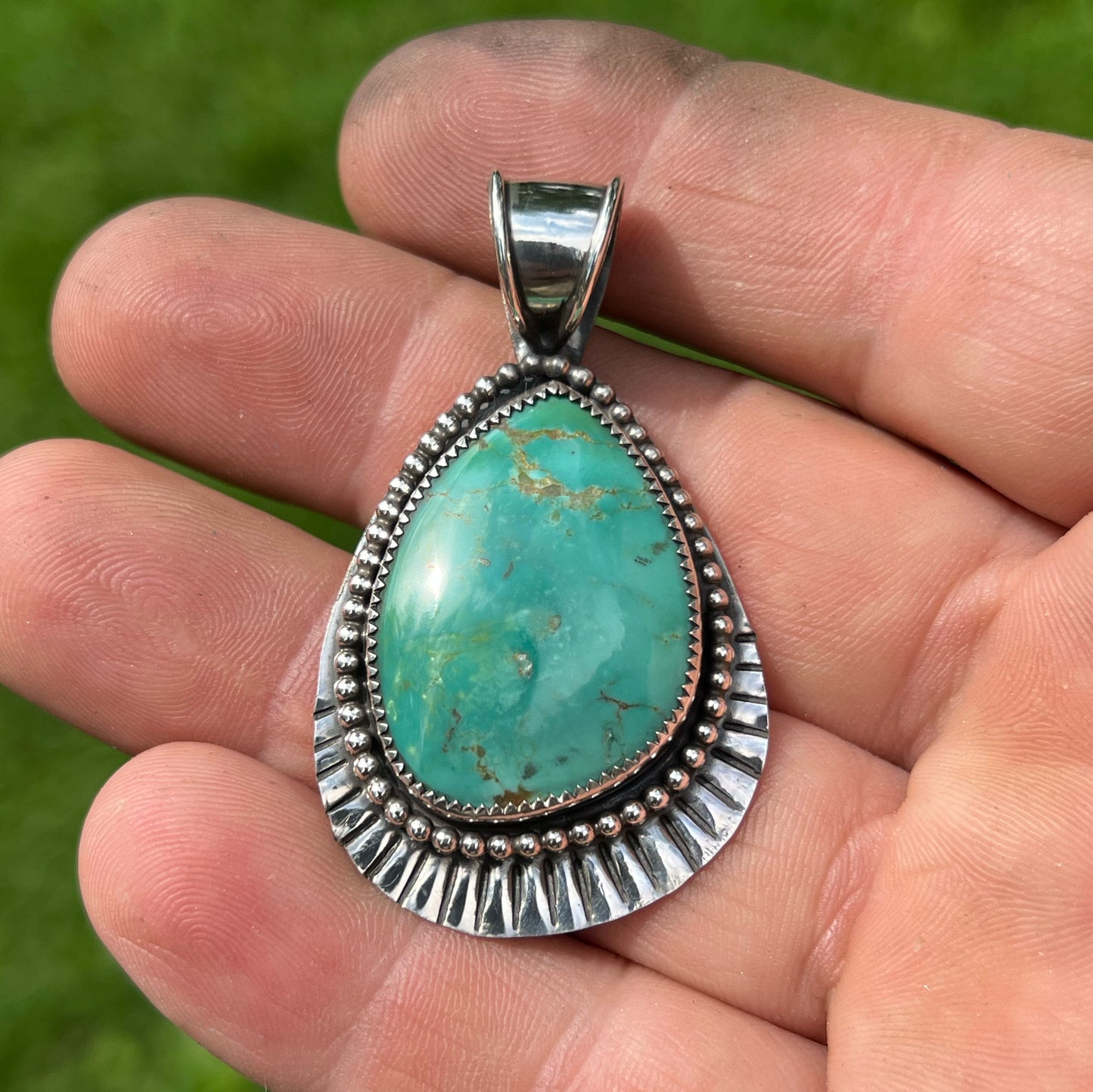 Old Hardy Pit Turquoise Cabochon from Kingman, Arizona in Sterling Silver Pendant Jewelry