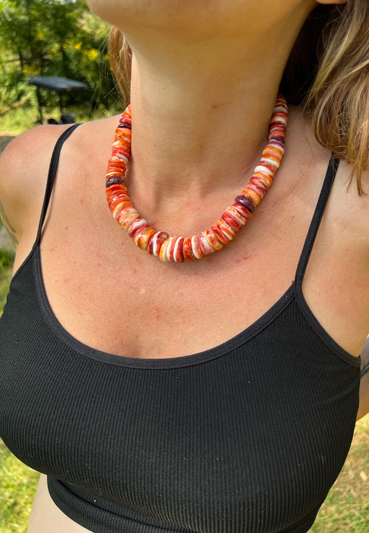 Graduated Red and Orange Spiny Oyster Beaded Necklace with Sterling Silver Clasp Jewelry