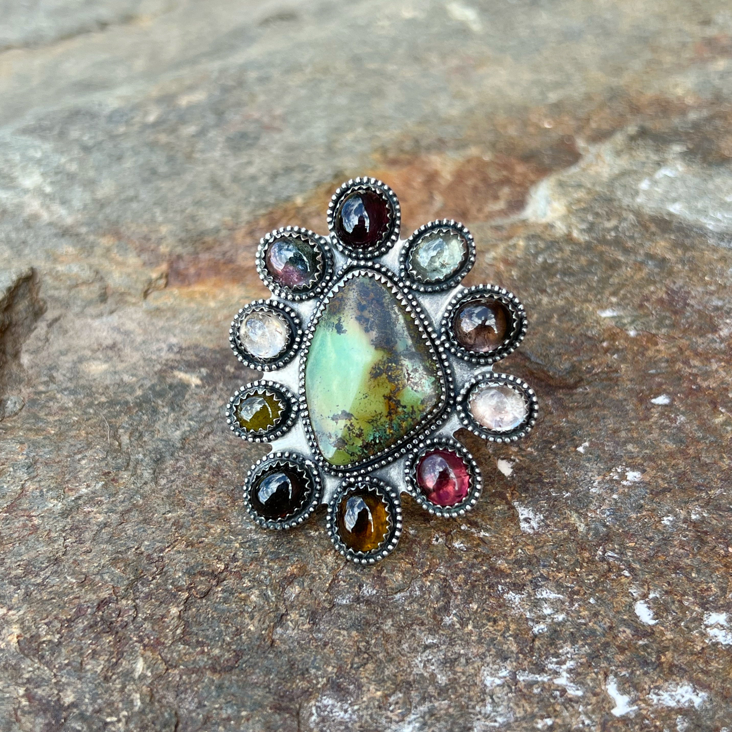 Hubei Turquoise with Tourmaline accents Cluster Ring in Sterling Silver Size 9.5