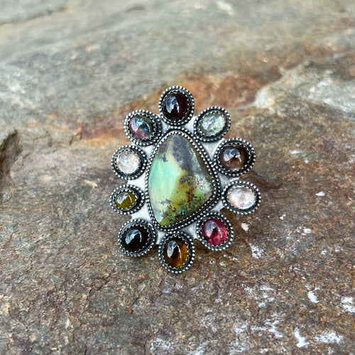 Hubei Turquoise with Tourmaline accents Cluster Ring in Sterling Silver Size 9.5