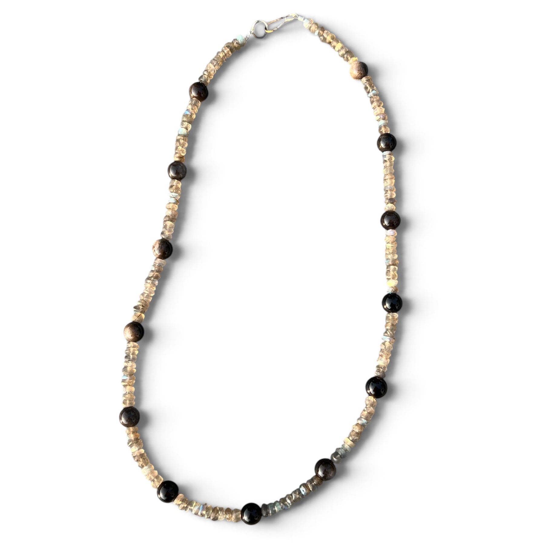 Labradorite and Silver Sheen Obsidian Beaded Necklace with Sterling Silver Clasp Jewelry