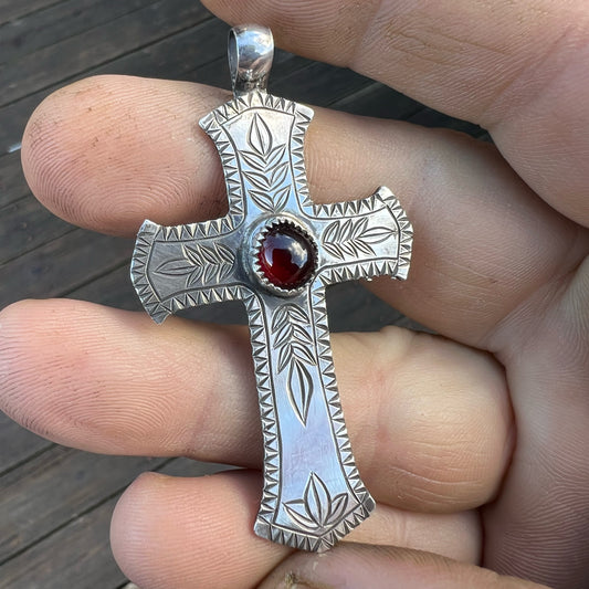 Talavera Style Mexican Cross in Sterling Silver with Anthill Garnet Hand Fabricated Pendant