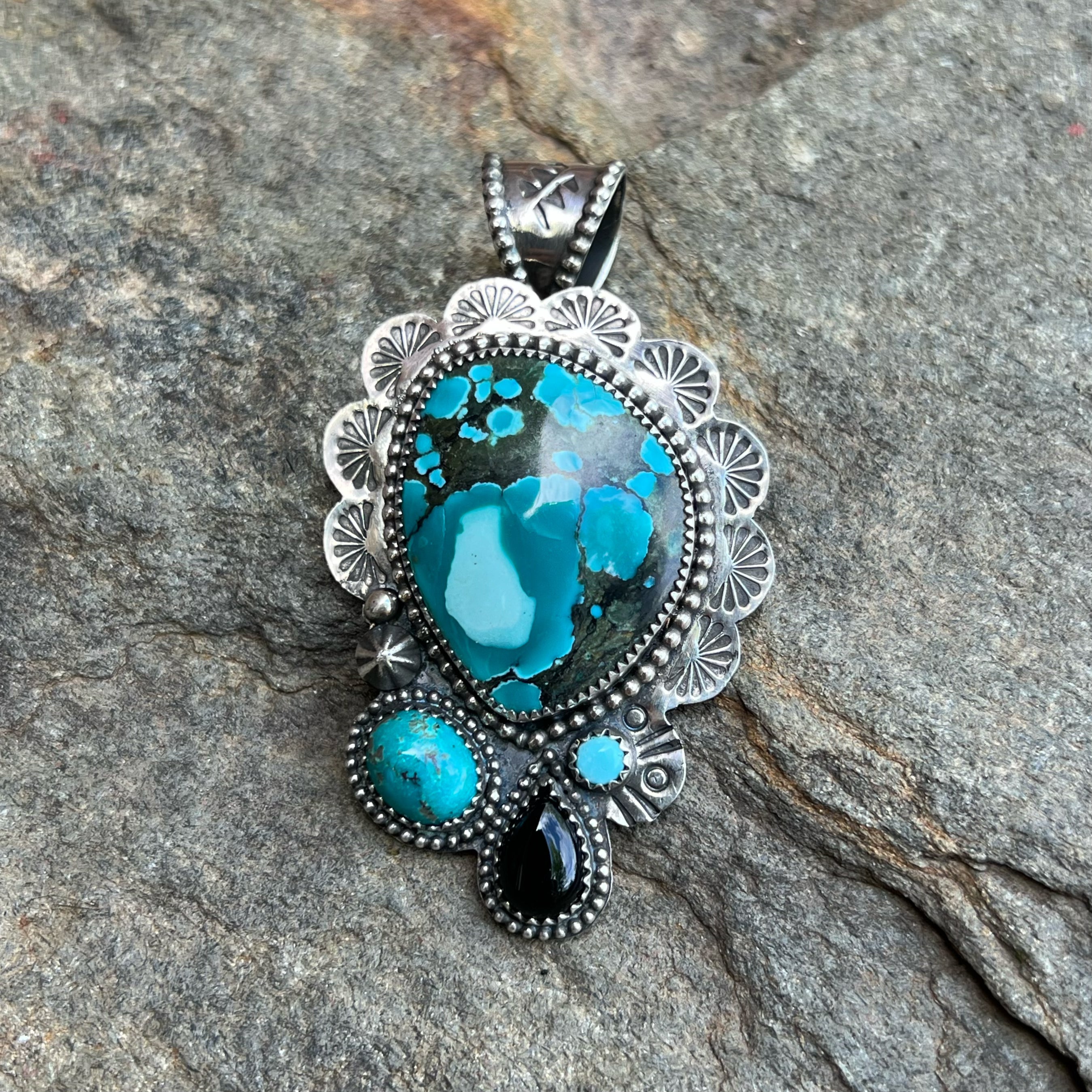 Hubei Turquoise with Black Onyx Silver Pendant