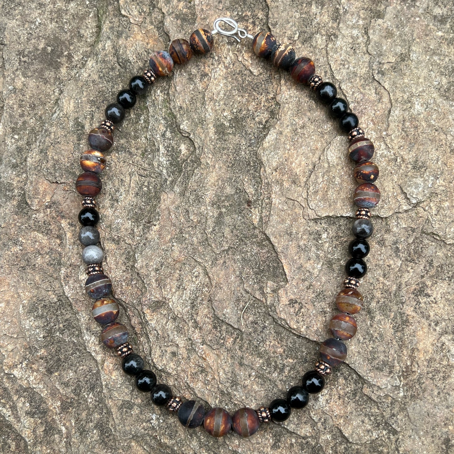 Tibetan Frosted Dark Walnut Line Agate with Silver Sheen Obsidian and Copper Accents Beaded Necklace with Sterling Silver Clasp Jewelry