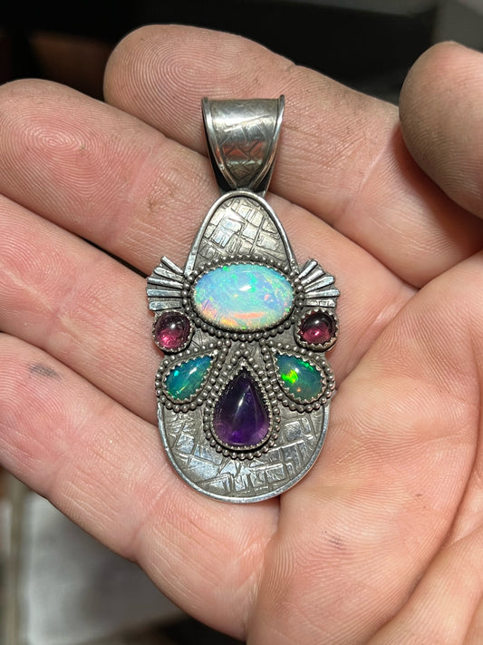 Welo Opal Pendant accented with Garnets and Amethyst Sterling Silver Pendant Jewelry