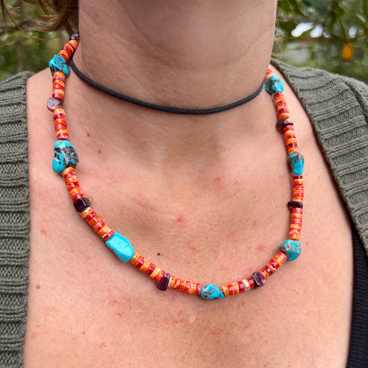 Turquoise and Spiny Oyster Beaded Necklace with Sterling Silver Clasp Jewelry