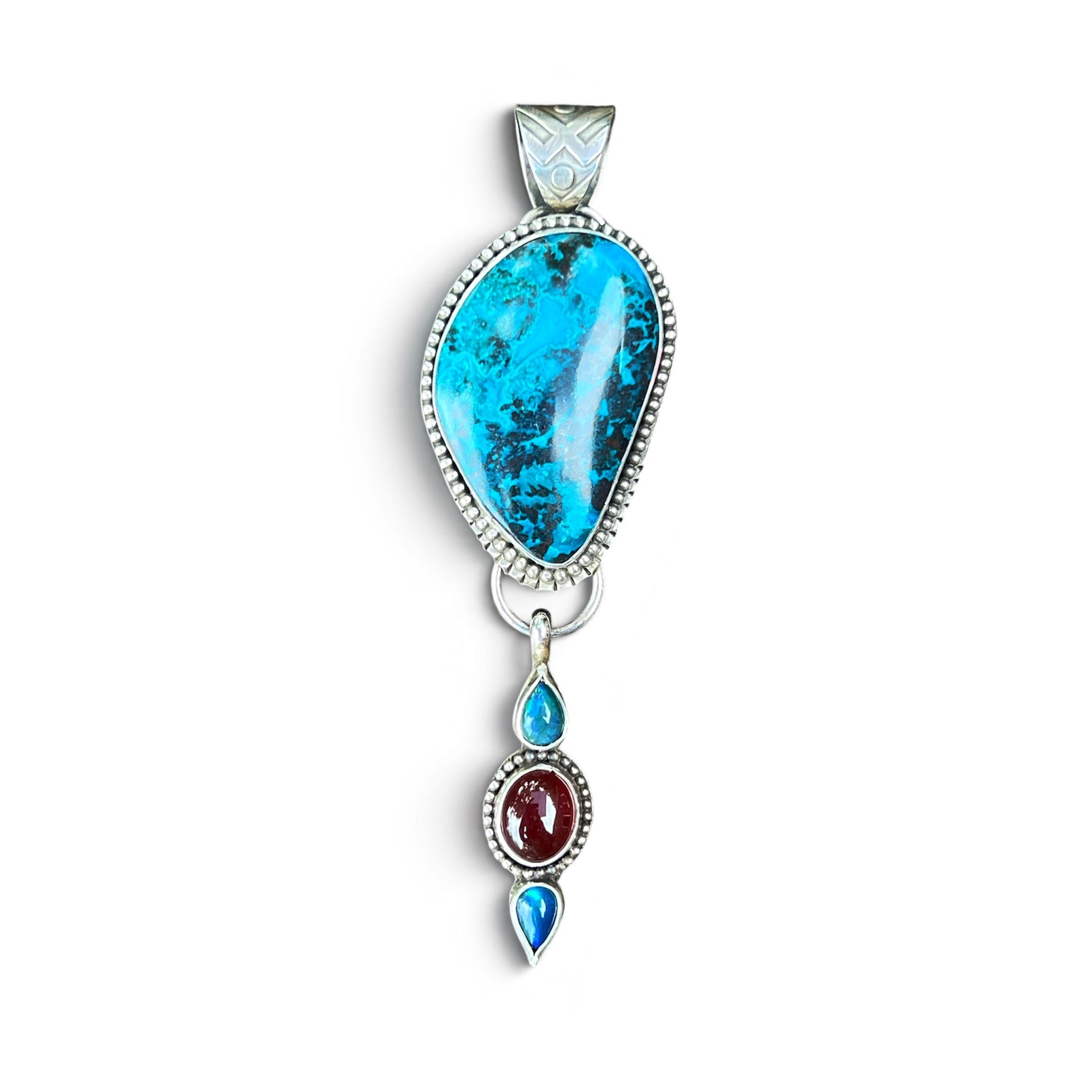 Sonoran Shattukite with Hessonite Garnet and Smoked Welo Opal in Silver Pendant