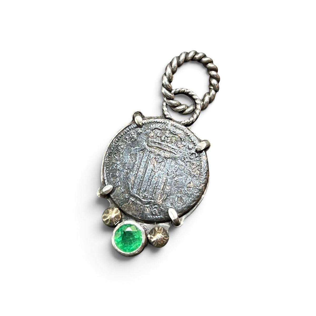 “The Kings Randsom” 1756 Spanish Colonial Coin Pendant with Colombian Emerald in Sterling Silver with 14k Gold accents