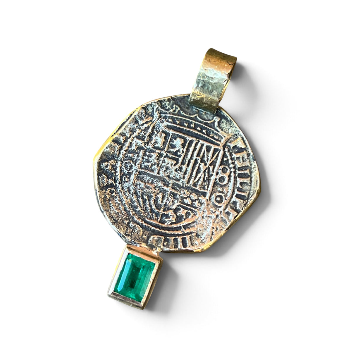 “The Emerald Galleon” Colonial Spanish 8 Reales Coin Pendant in 14k Gold