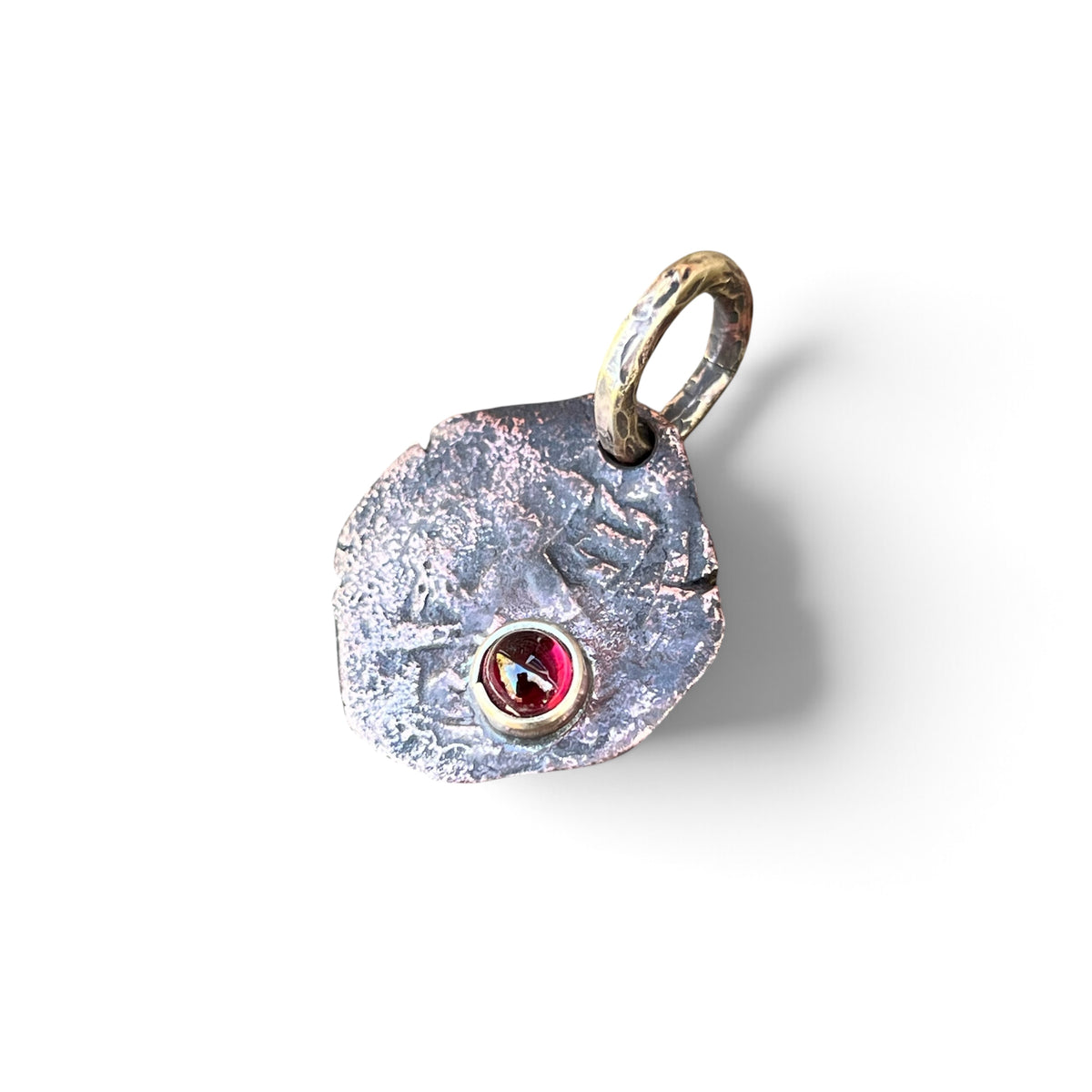 1600’s Colonial Spanish Copper Cob Coin Pendant with Garnet