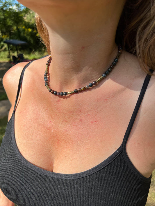 Pietersite with Brass Beaded Necklace with Brass Clasp Jewelry