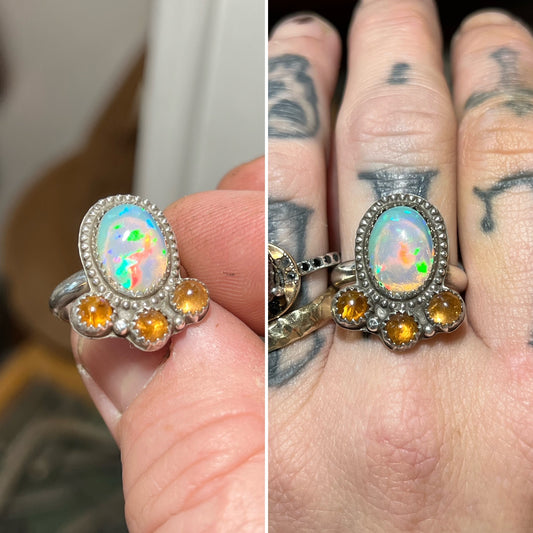 Welo Opal Cabochon with Garnet accents in Sterling Silver Ring Size 7 Jewelry