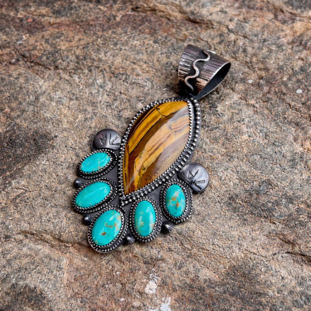 Tiger Eye with Royston Turquoise Sterling Silver Pendant