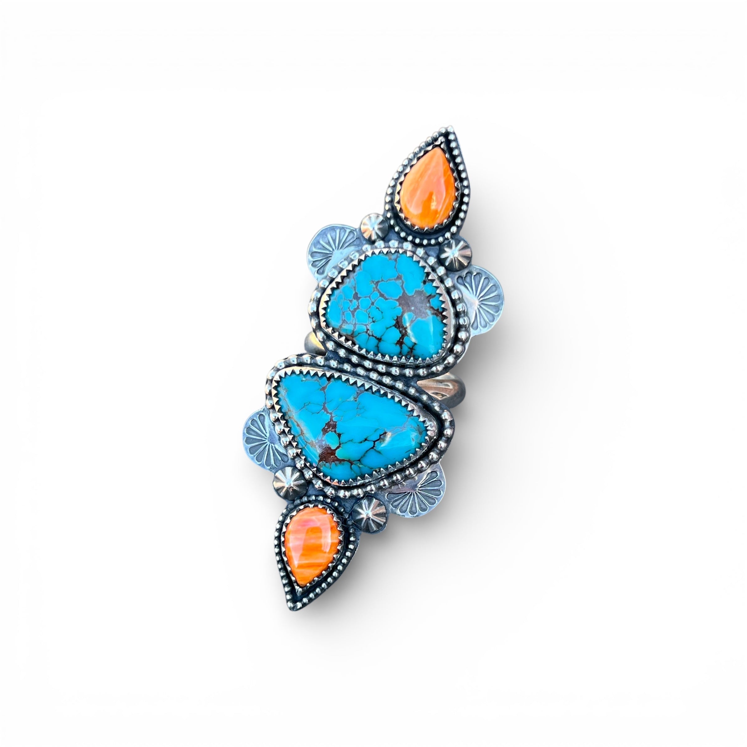 Hubei Red Web Turquoise with Orange Spiny Oyster accents Cluster Adjustable Ring in Sterling Silver Median Size 9
