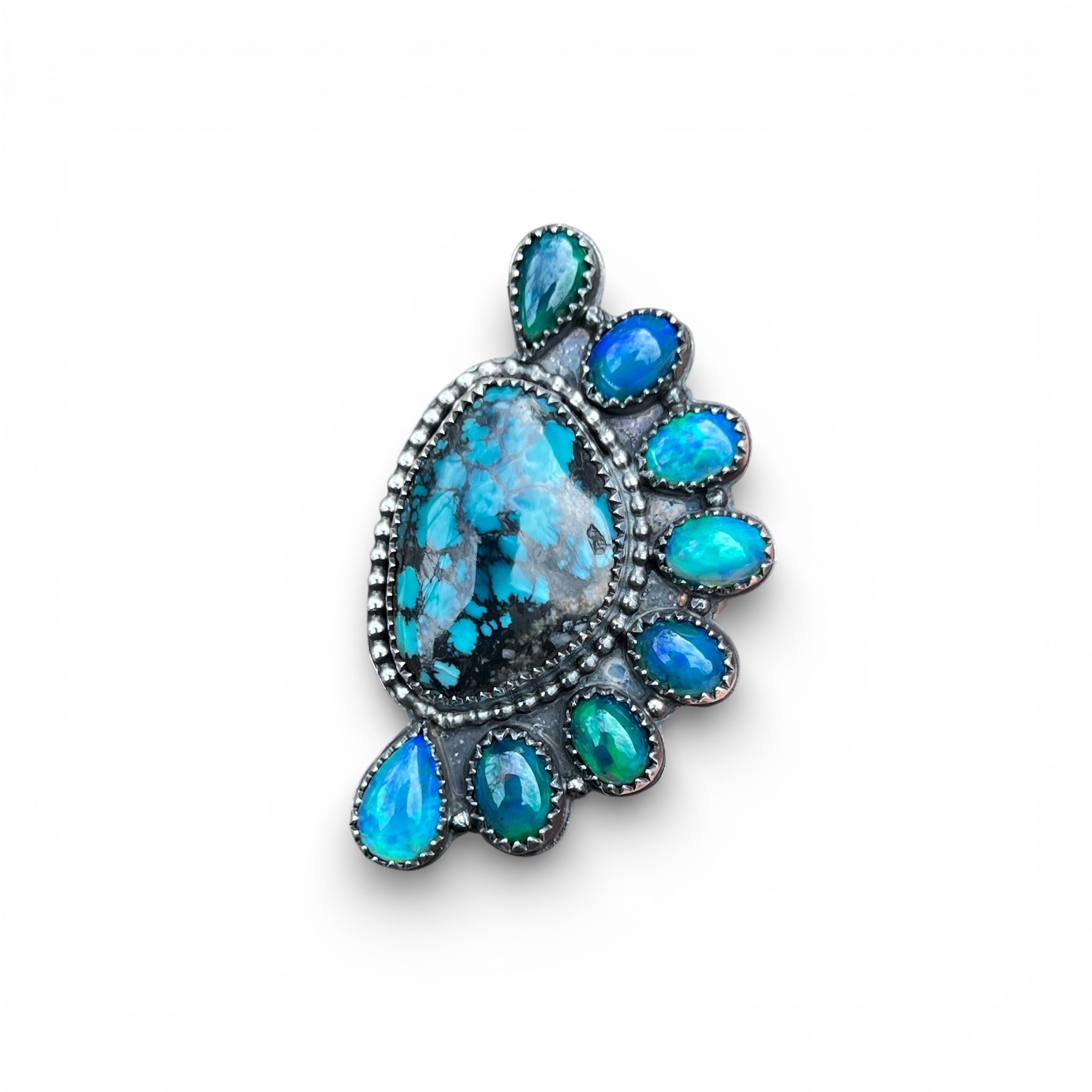 Hubei Web Turquoise with Smoked Welo Opal accents Half Cluster Adjustable Ring in Sterling Silver Median Size 7.5