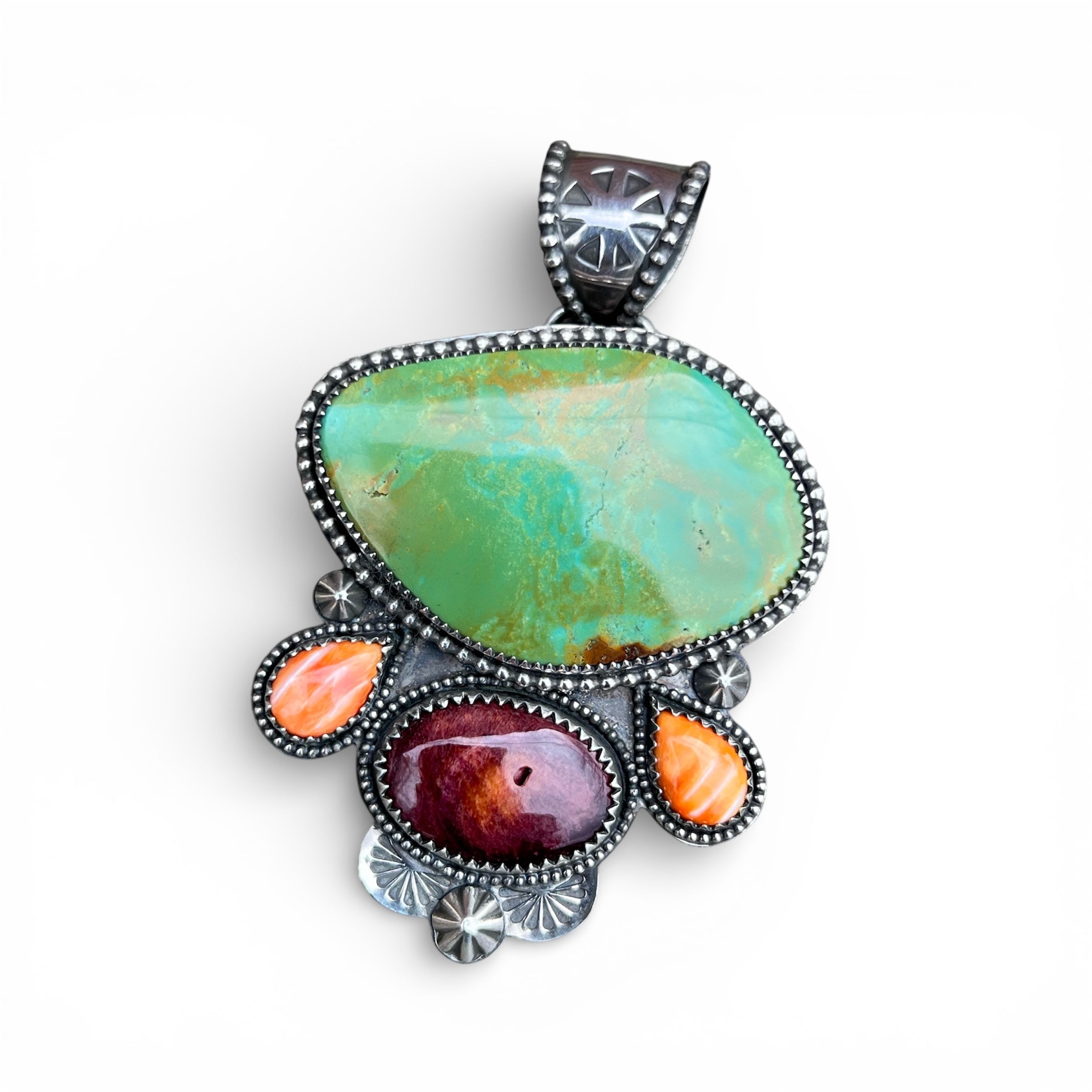 Stella Blue Turquoise Pendant with Purple and Orange Spiny Oyster Sterling Silver Pendant
