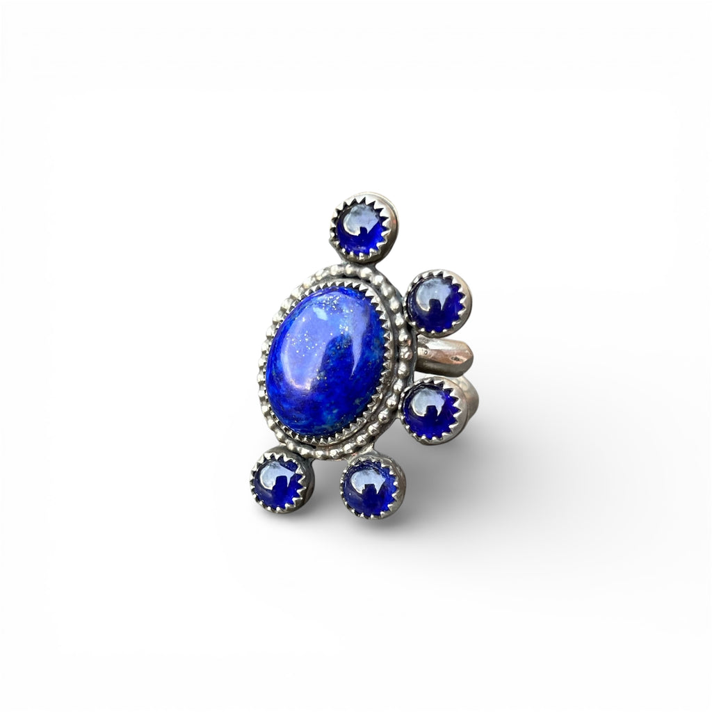 Lapis Lazuli with Blue Sapphire accents Half Cluster Adjustable Ring in Sterling Silver Median Size 7.5