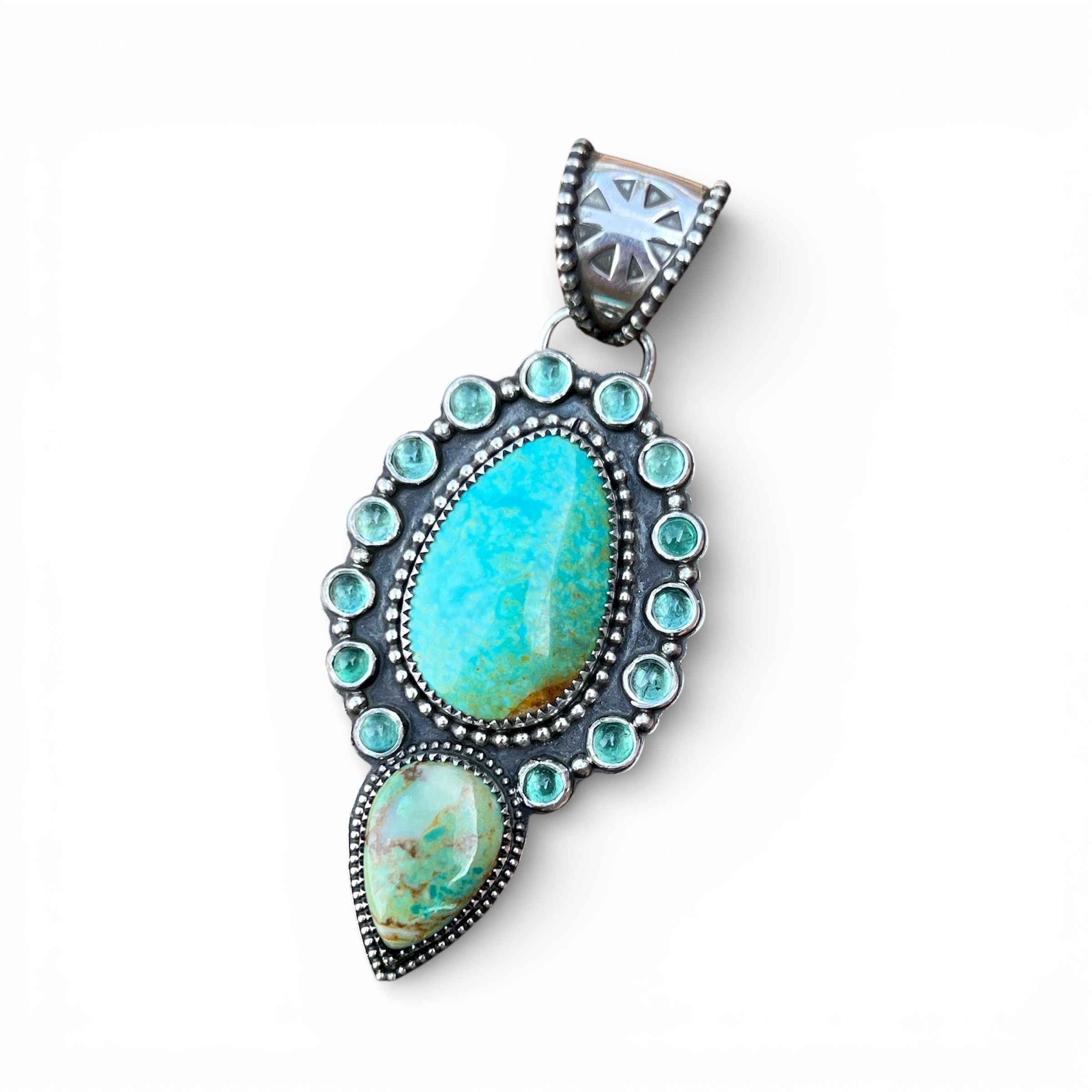 Stella Blue Turquoise with Royston Turquoise and Emerald Halo in Sterling Silver Pendant