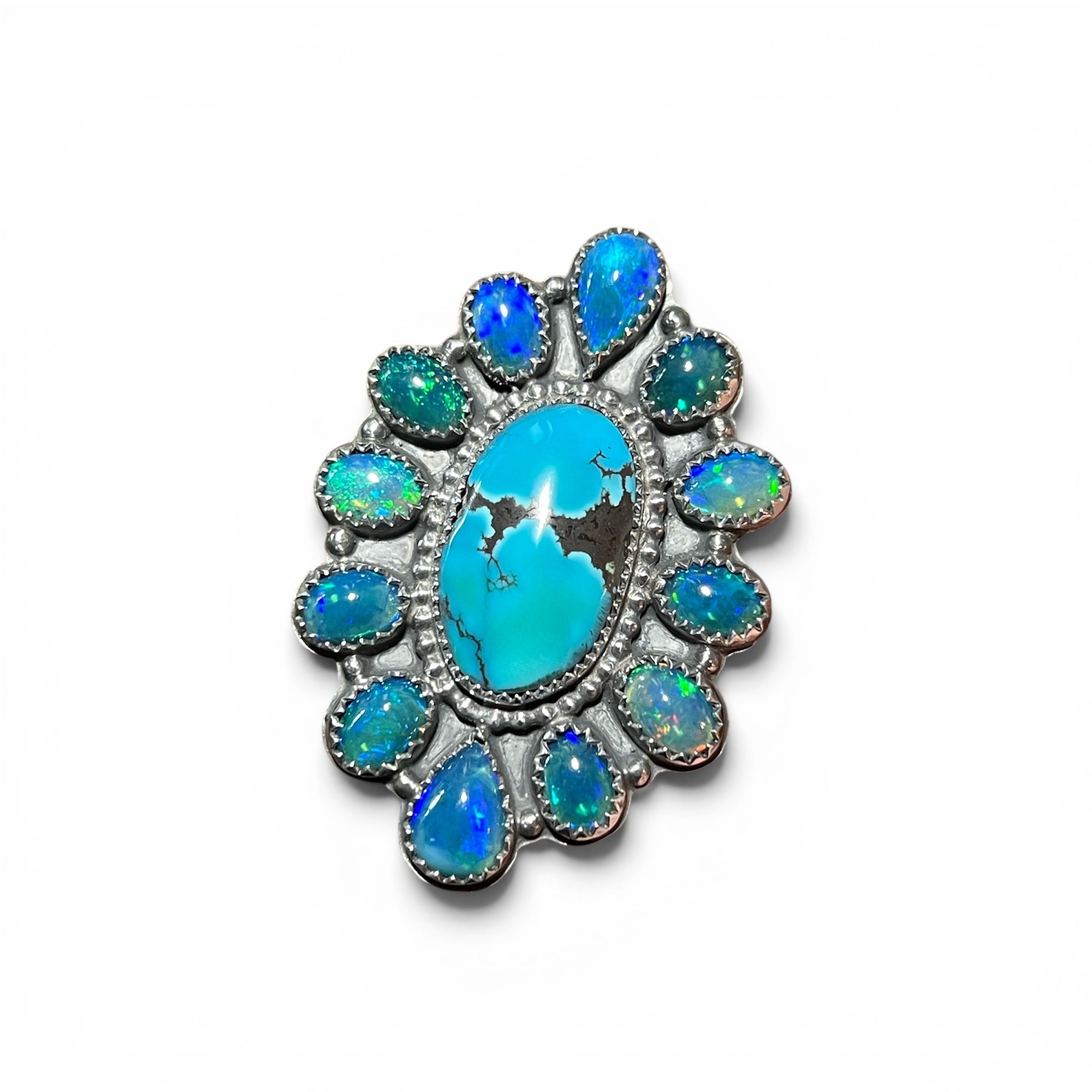 Hubei Turquoise with Smoked Welo Opal accents Half Cluster Adjustable Ring in Sterling Silver Median Size 8