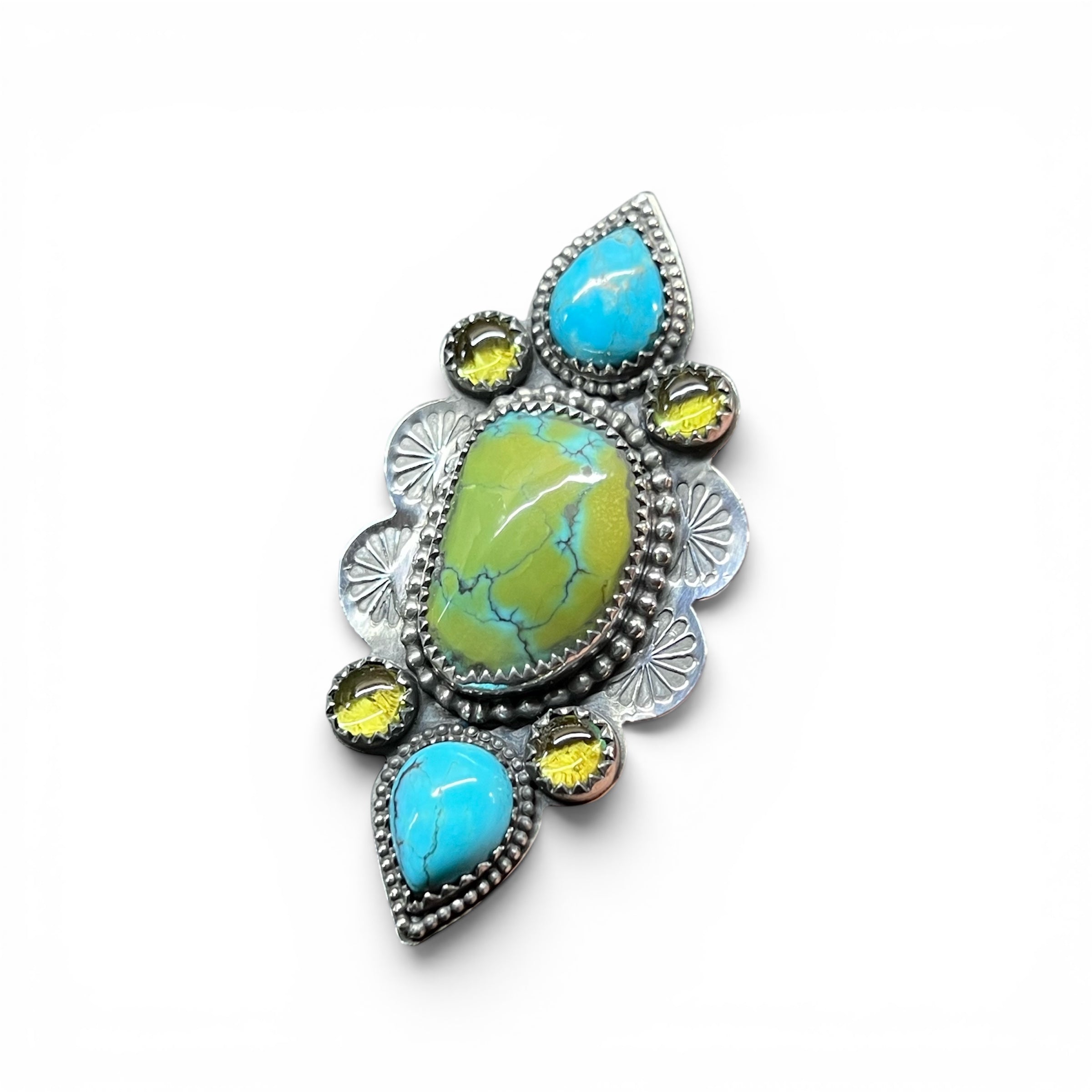 Hubei Polychrome Turquoise with Peridot and Turquoise accents Adjustable Ring in Sterling Silver Median Size 8