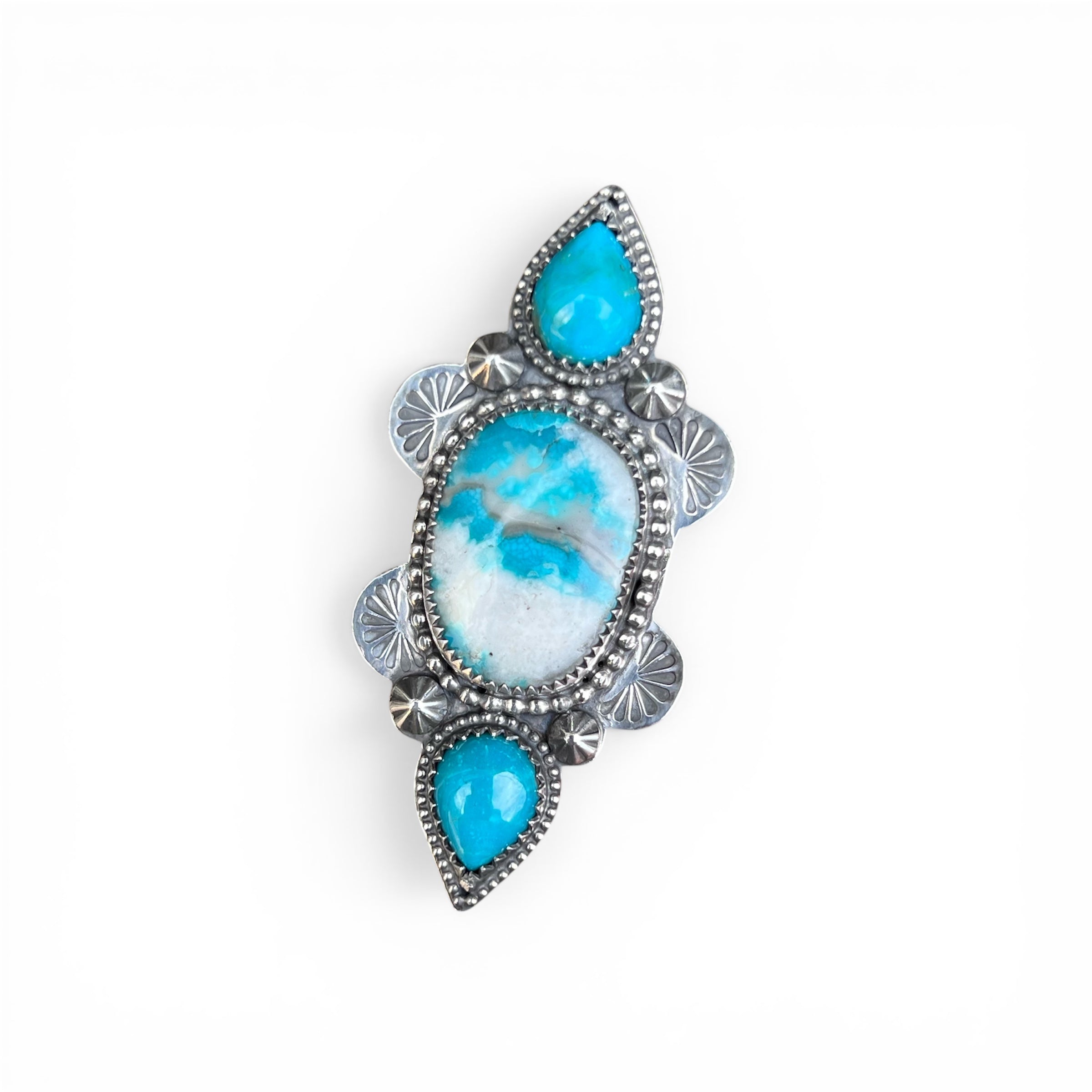 Vivid Kingman Turquoise in Quartz with matching Turquoise accents Adjustable Ring in Sterling Silver Median Size 8
