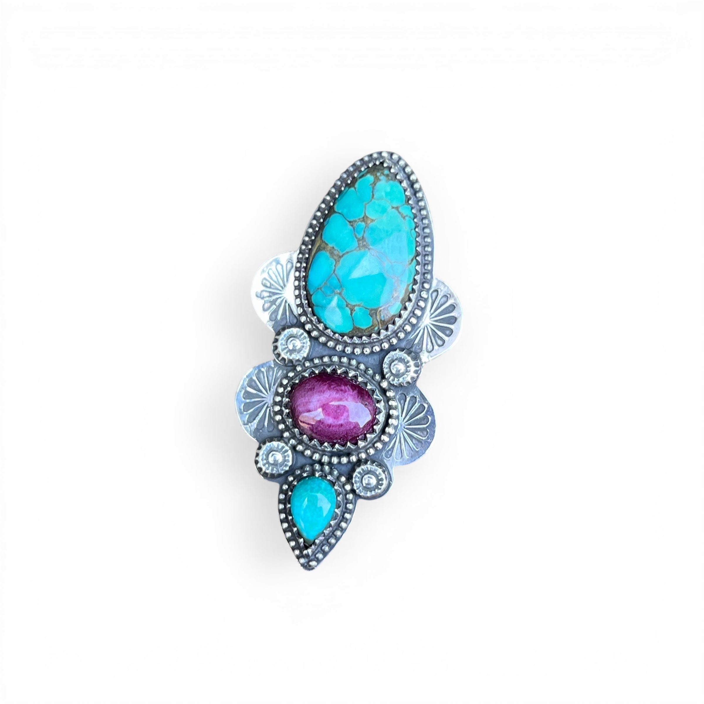 Royston Red Web Turquoise with Purple Spiny and Turquoise accents Adjustable Ring in Sterling Silver Median Size 7