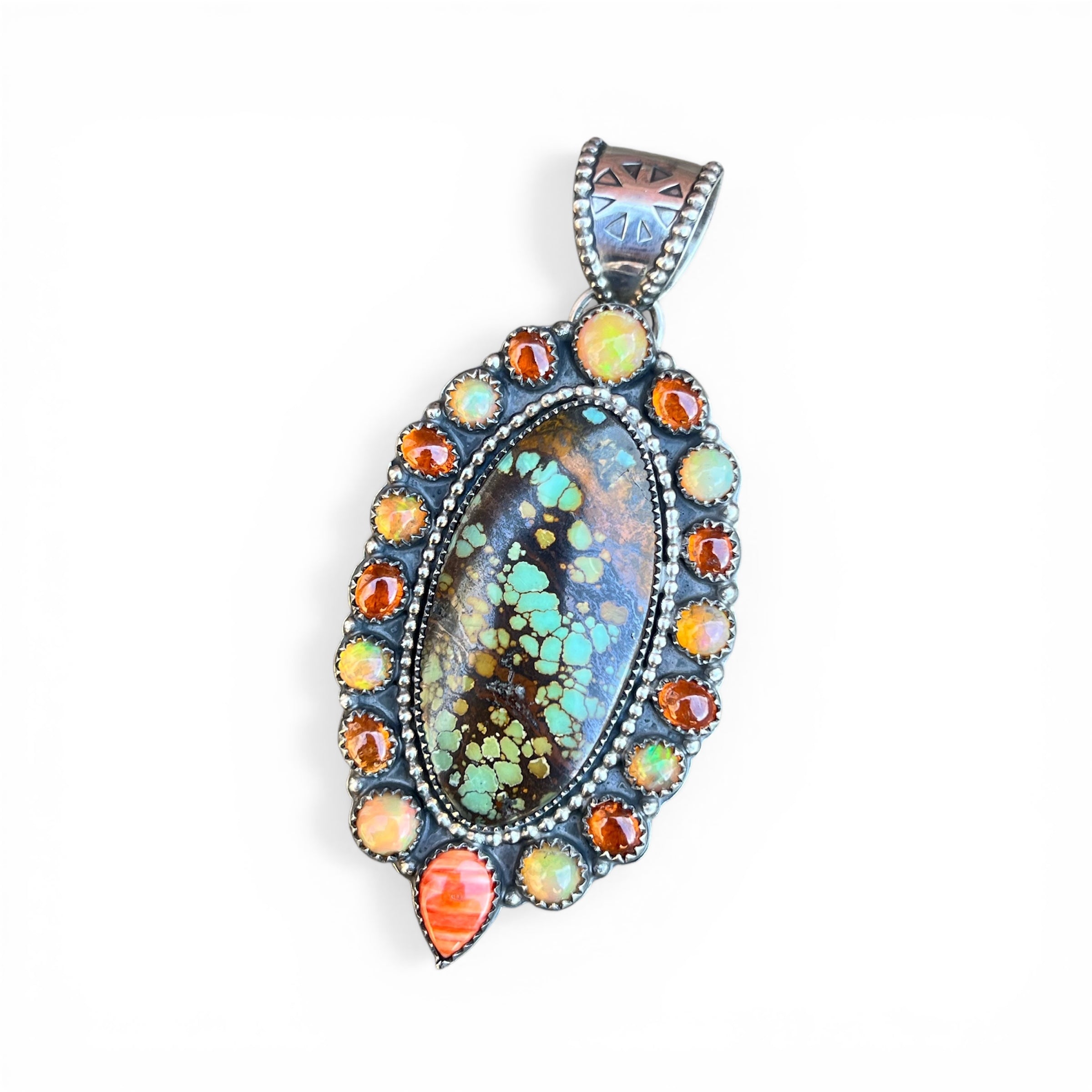 Polychrome Hubei Turquoise with Orange Spessartine Garnets, Welo Opals, and Orange Spiny Oyster accents Cluster Sterling Silver Pendant