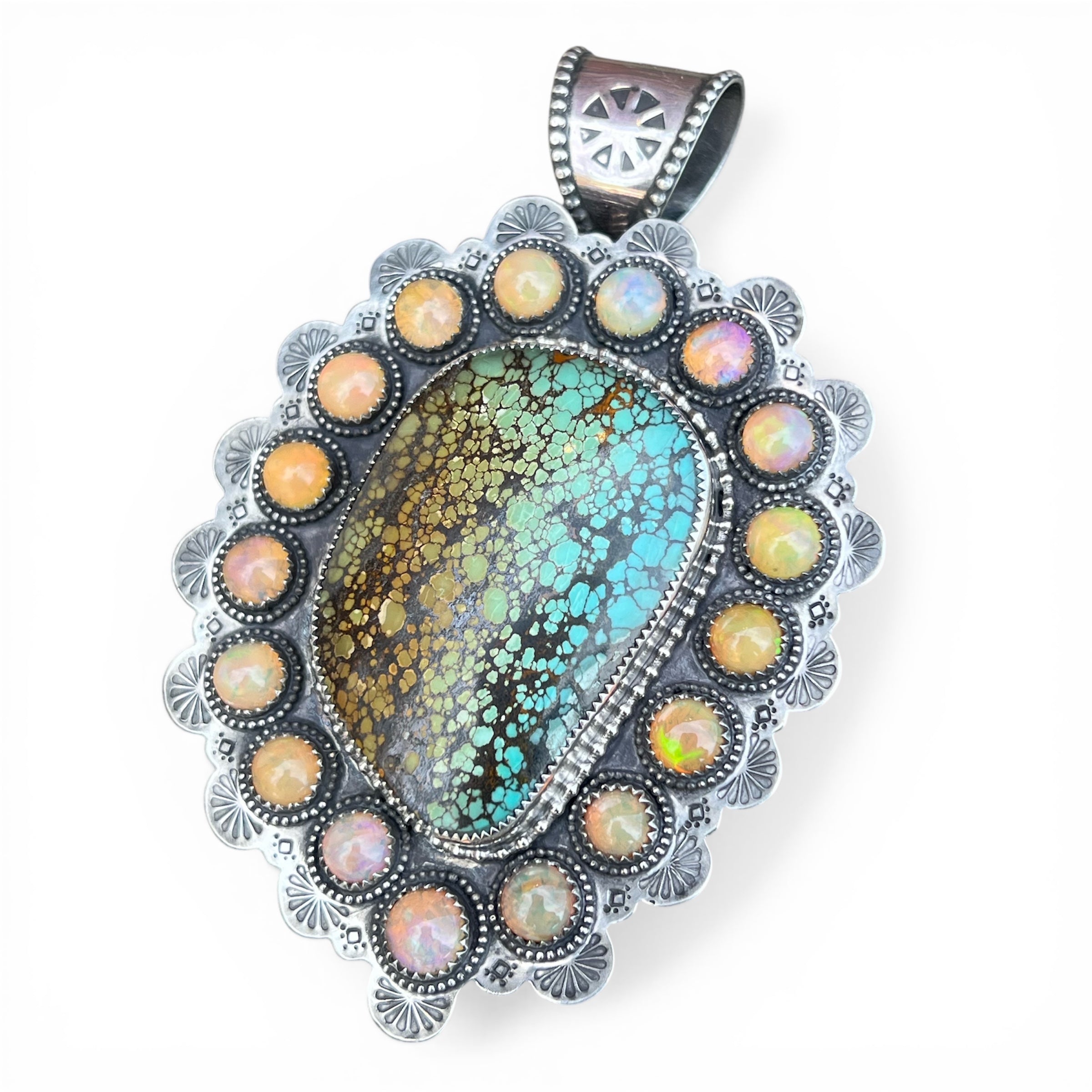 Polychrome Hubei Turquoise with Welo Opals accents Cluster Sterling Silver Pendant