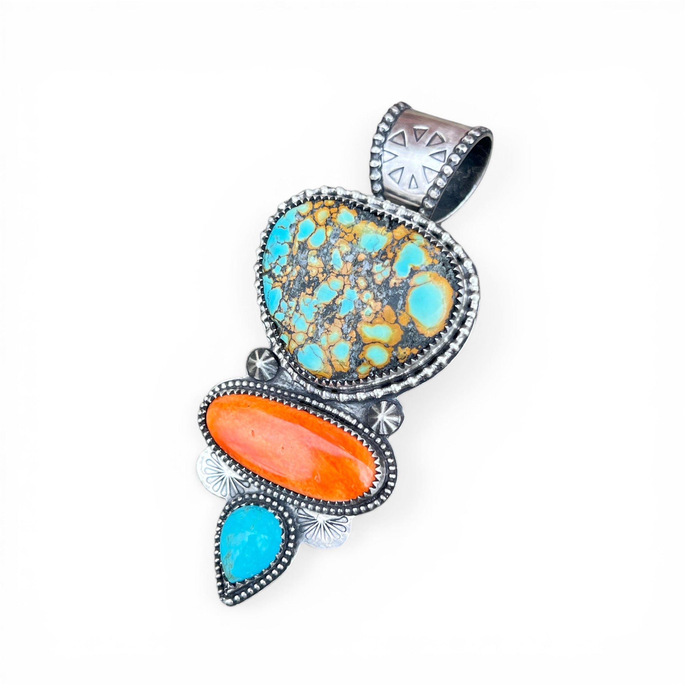 Polychrome Hubei Turquoise with Orange Spiny Oyster and Turquoise accents Sterling Silver Pendant