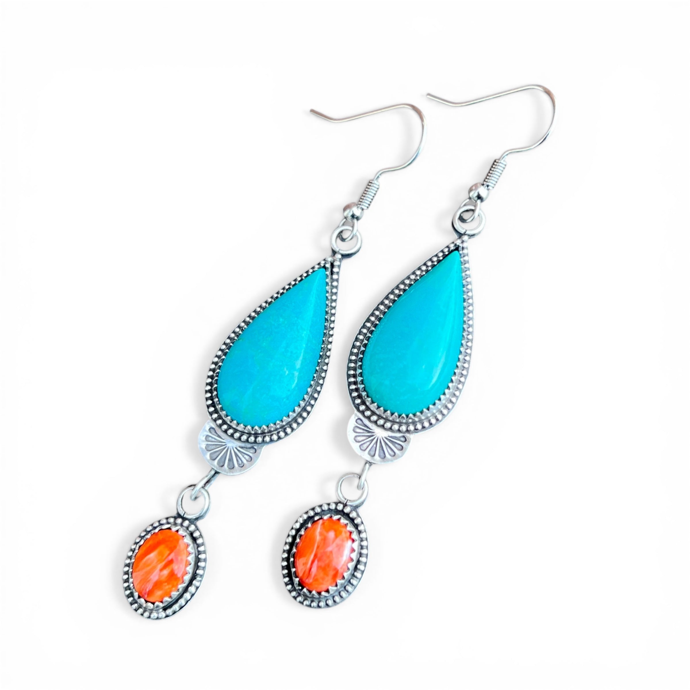 Hubei Turquoise and Orange Spiny Oyster Sterling Silver Earrings