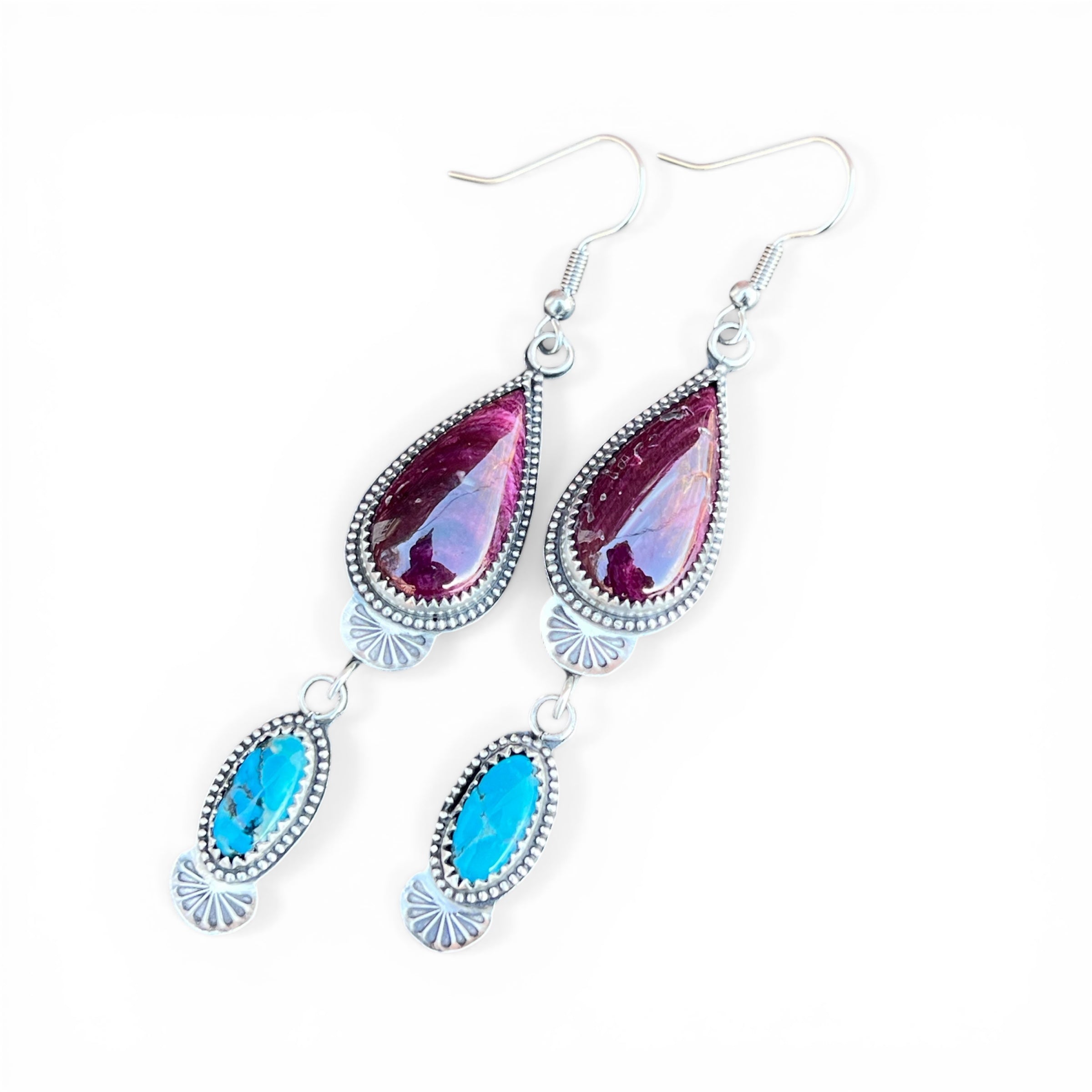 Purple Spiny Oyster and Ithaca Peak Turquoise Sterling Silver Earrings