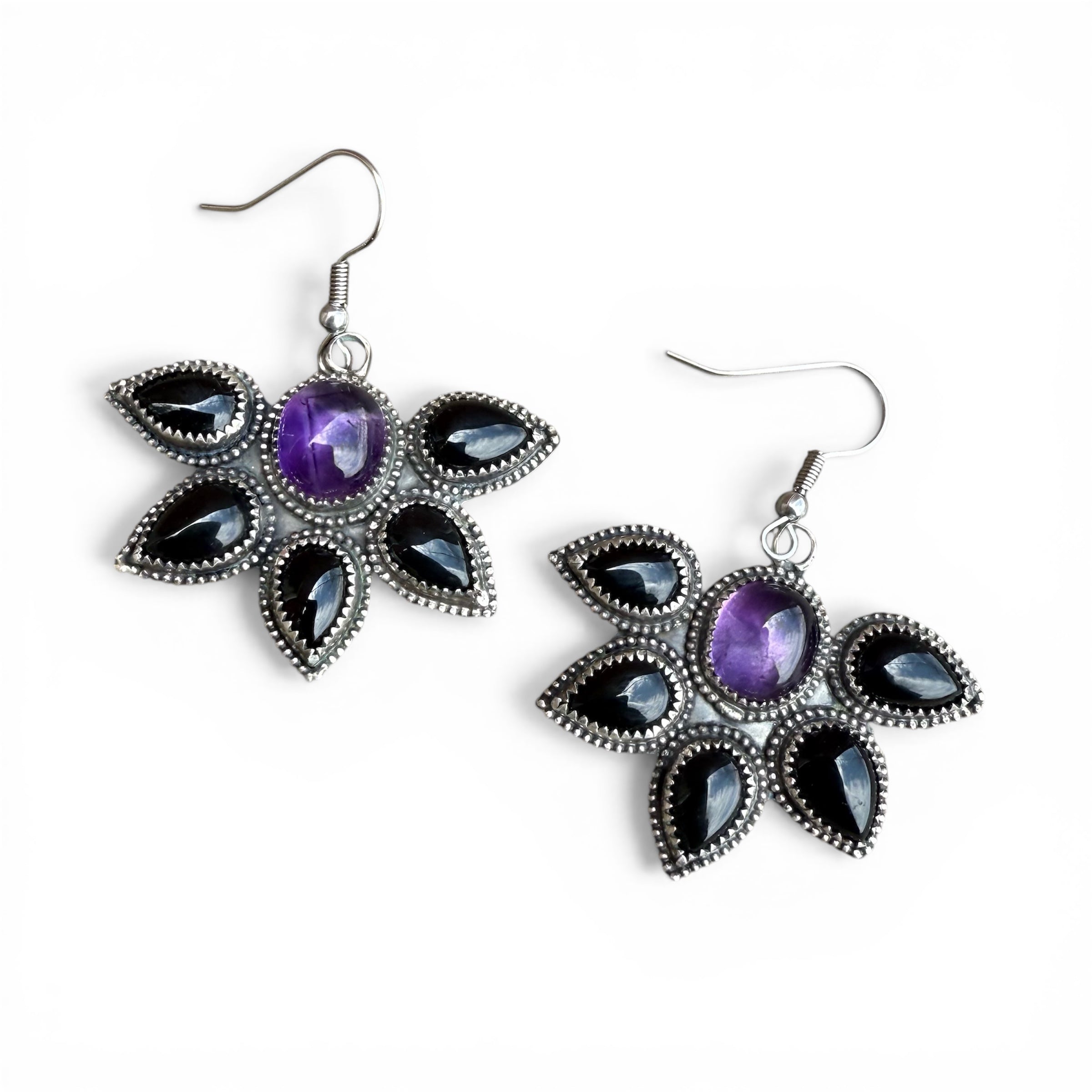 Amethyst with Black Onyx accents Sterling Silver Earrings