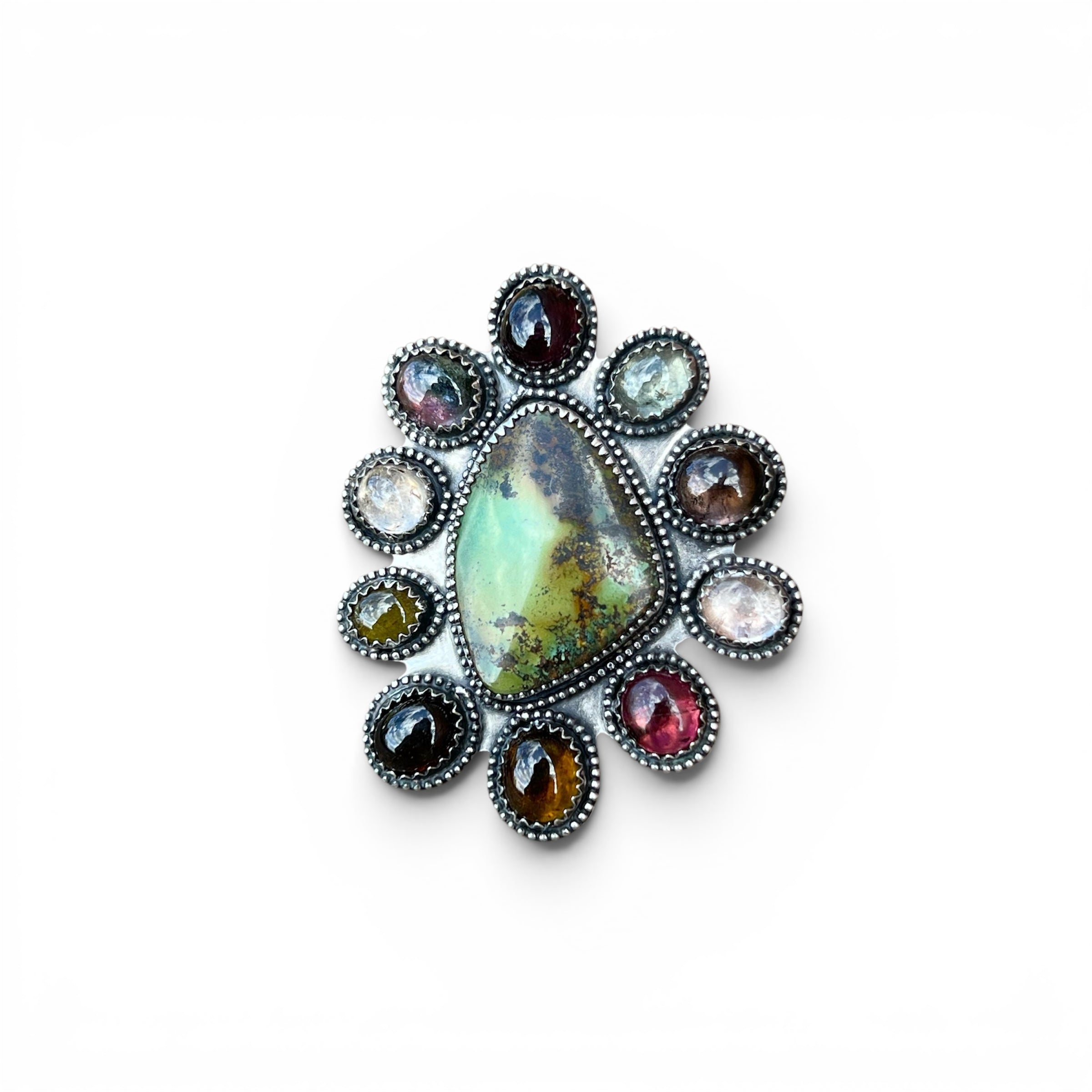 Hubei Turquoise with Tourmaline accents Cluster Ring in Sterling Silver Size 9.5