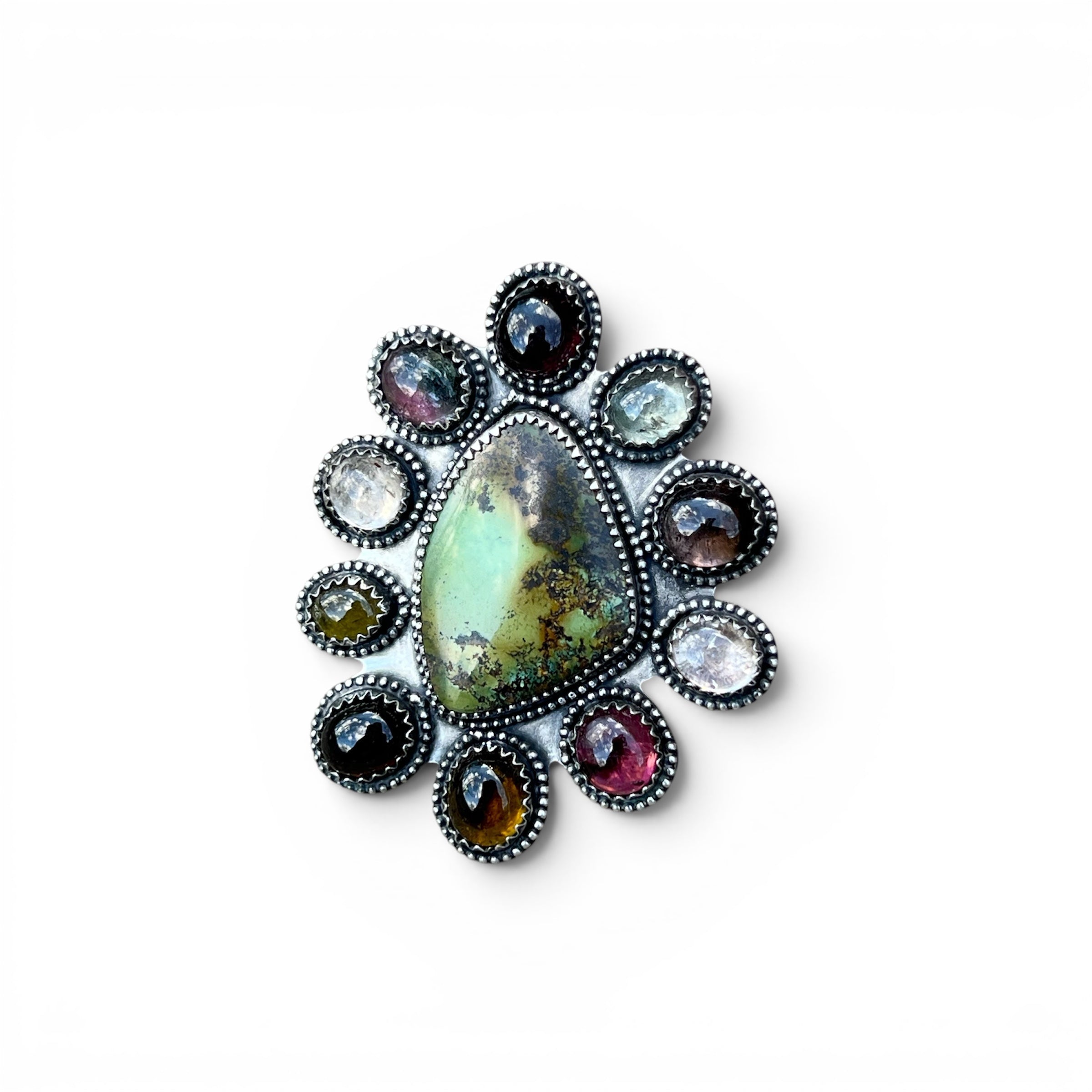 Hubei Turquoise with Tourmaline accents Cluster Ring in Sterling Silver Size 9.5
