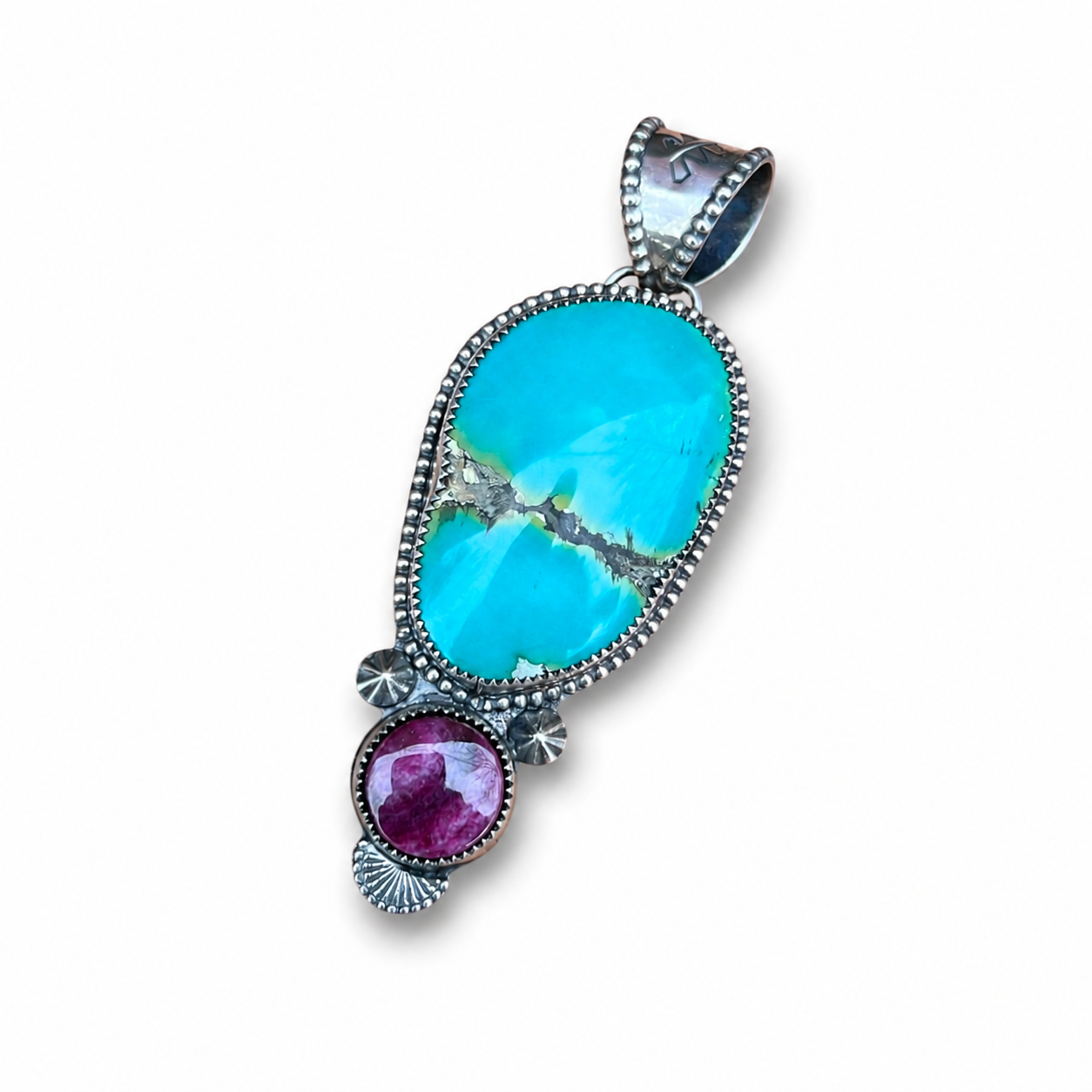Hubei Turquoise and Spiny Oyster Silver Pendant