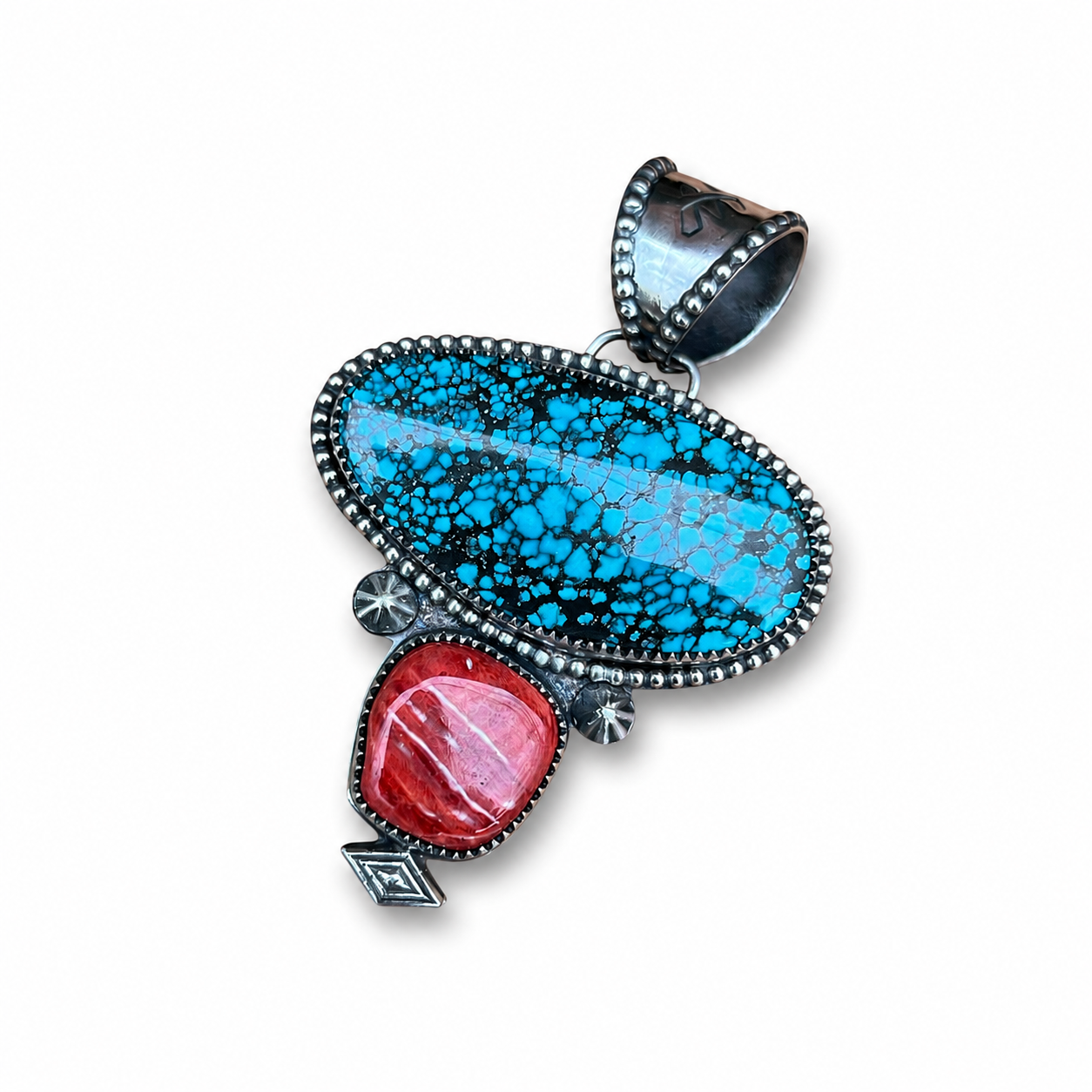 Hubei Turquoise and Spiny Oyster Silver Pendant