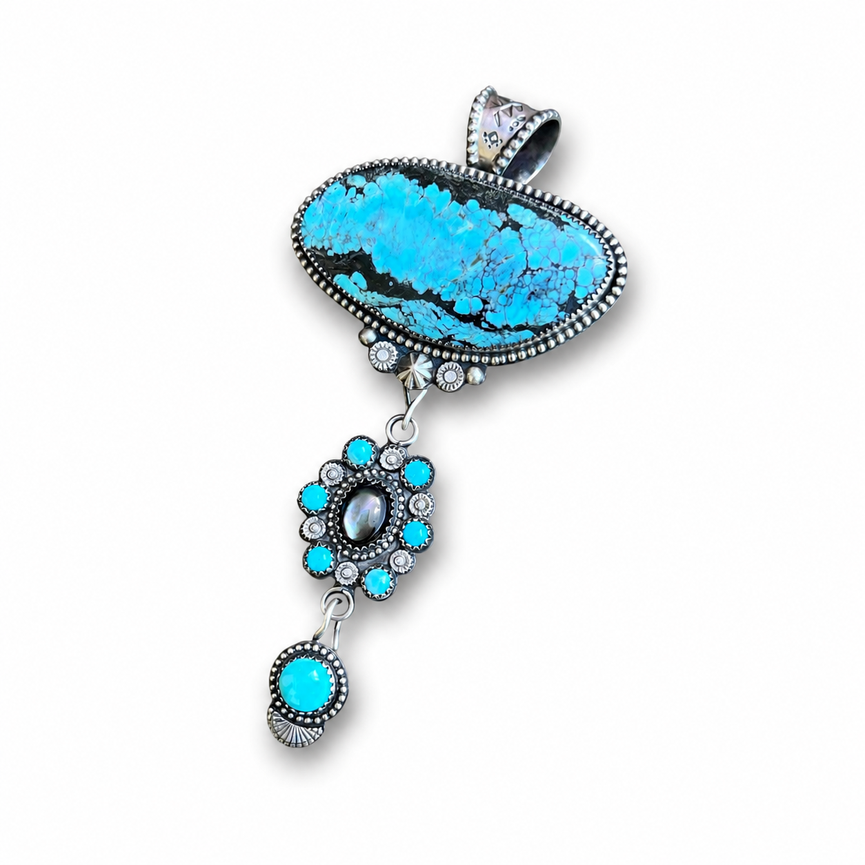 Blue Moon Turquoise with Black Mother of Pearl Triple Drop Silver Pendant