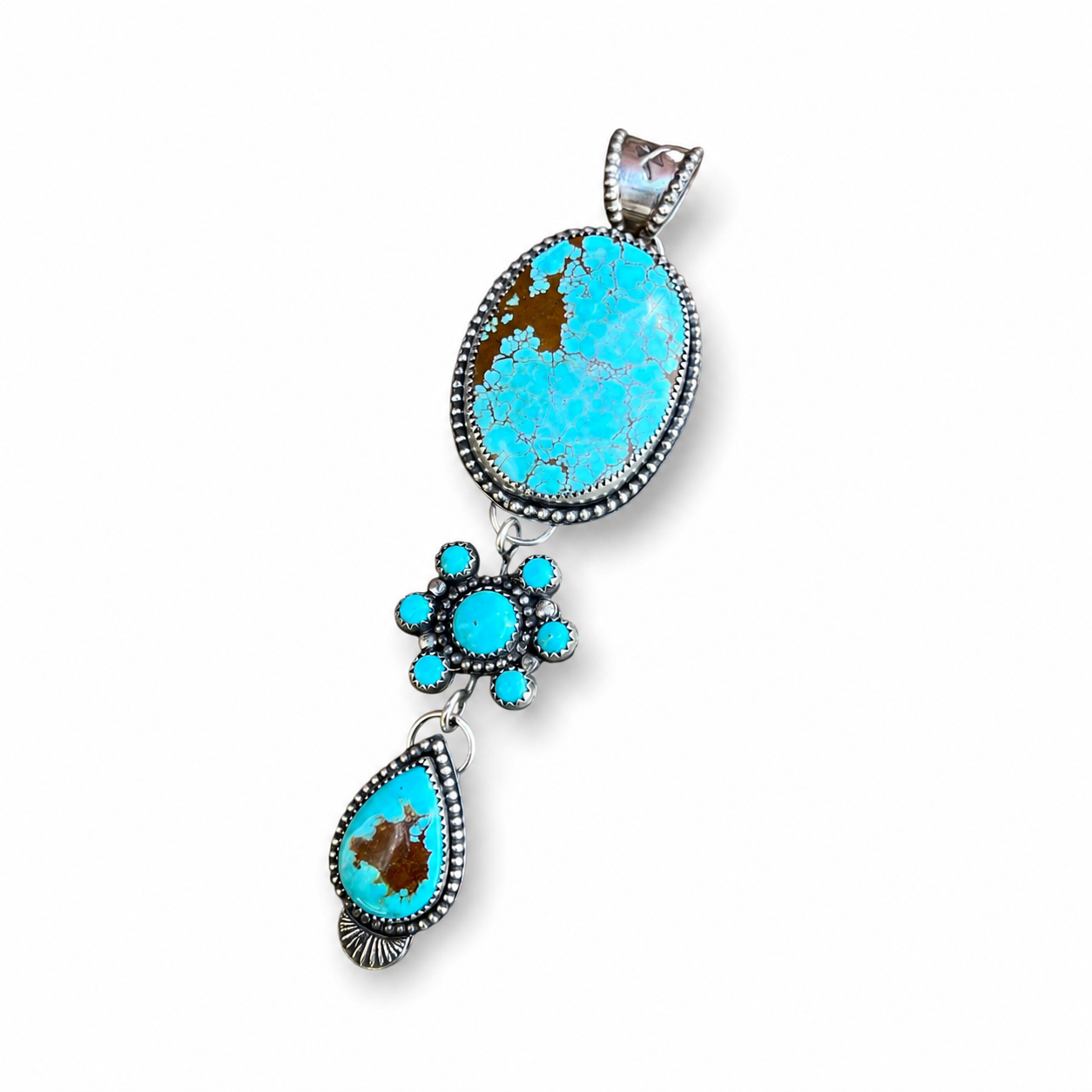 Number 8 and Royston Turquoise Triple Drop Silver Pendant