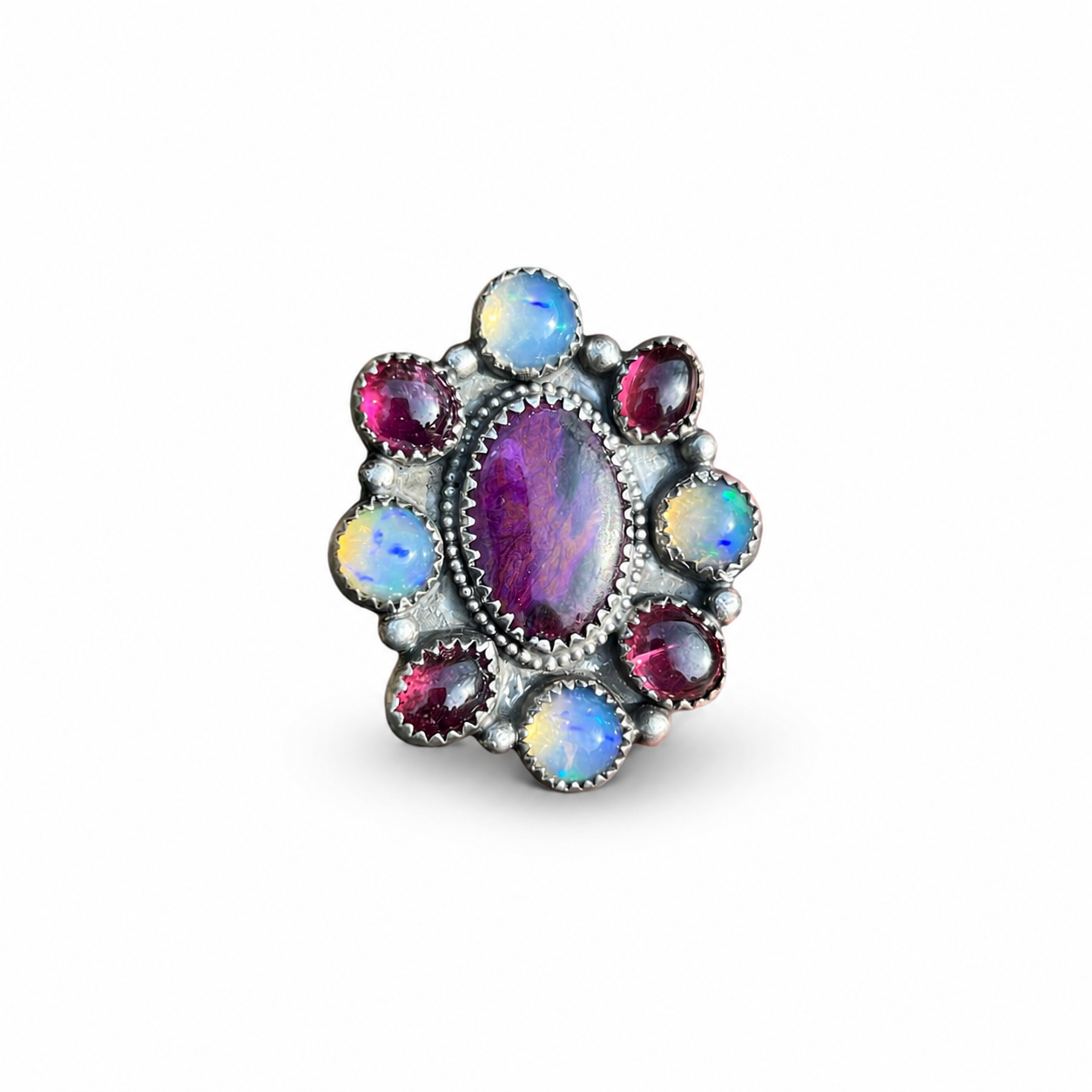 Sugilite Bloom Ring with Garnets and Welo Opals Sterling Silver Size 8